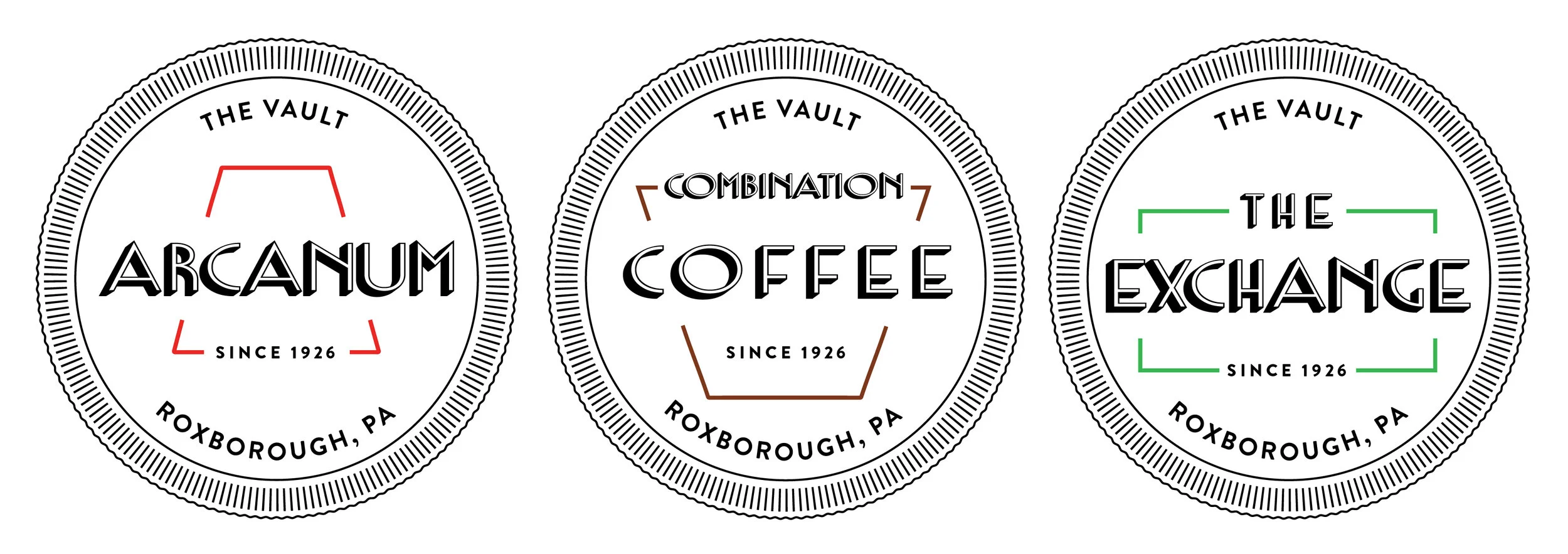 ARCANUM - The red doorway is taken from the Cave of Kelpius, located in Philadelphia to represent “Arcanum”, the speakeasy found in the basement.  COMBINATION COFFEE - Keystone that utilizes the letter “C” as the handle to represent the Combination …