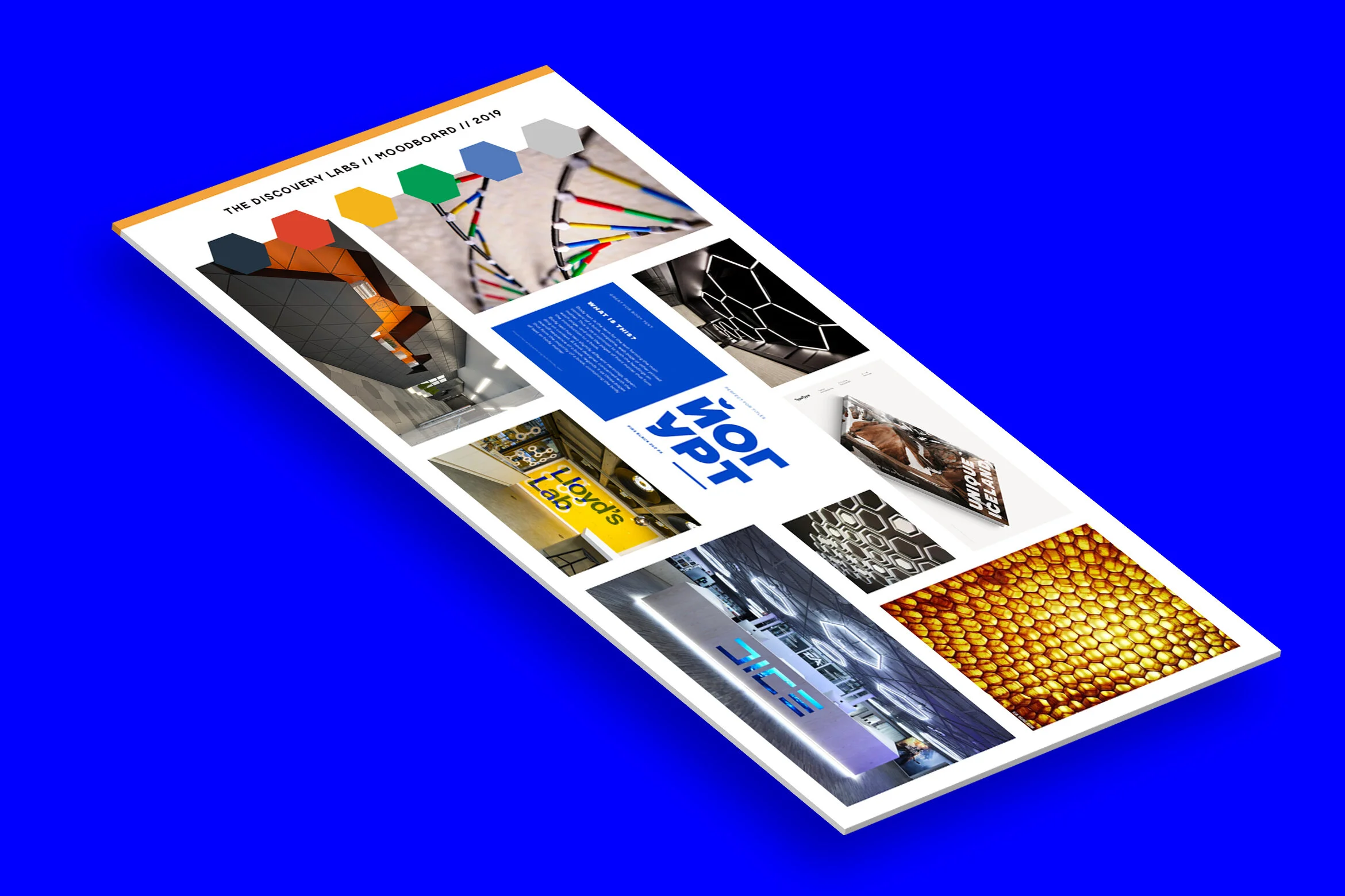 The mood board draws inspiration from a wide variety of things between science and nature. The idea of the hexagon became apparent through molecular forms and the hexagon being one of the most efficient, least wasteful shapes in nature (think of a b…