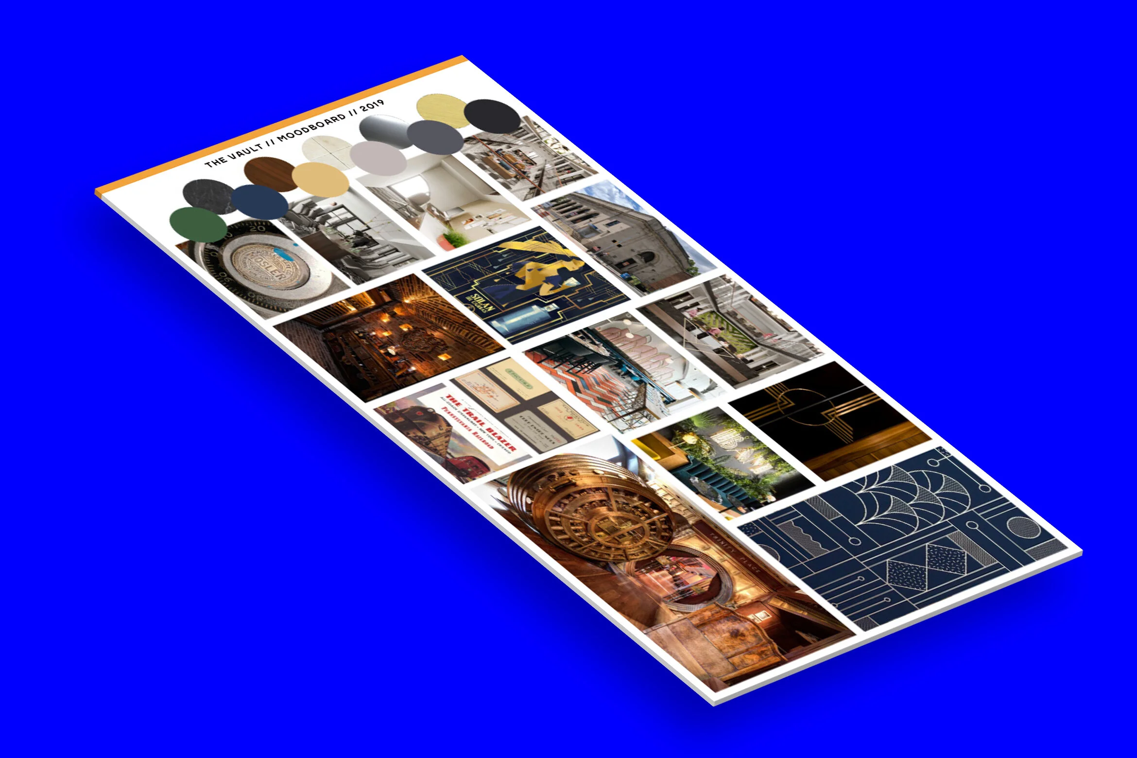 The mood board draws inspiration from the Art Deco time period (around the same time as when the Roxborough trust building was also established). The bottom left image was sourced from one of the old safes located in the building and had a large inf…