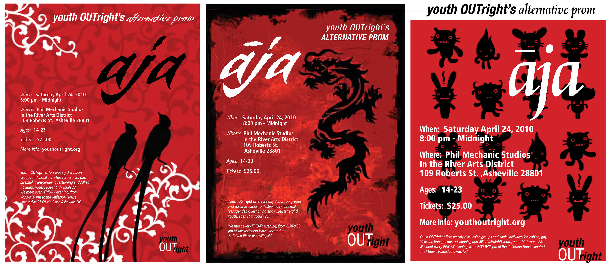 These poster comps were designed for an alternative prom for LGBT high schoolers in North Carolina. They chose the dragon design.