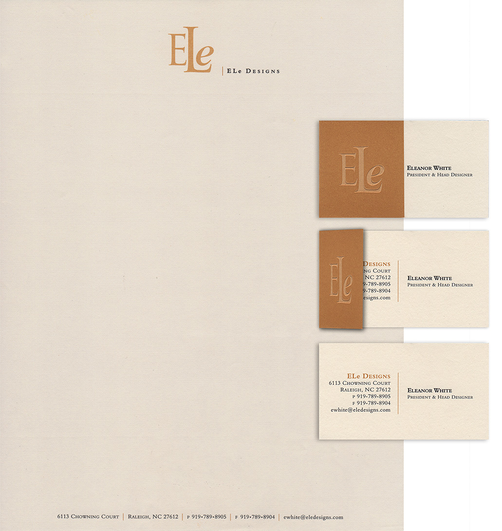 Letterhead and embossed card with foldover flap for Ele--a leather handbag designer.