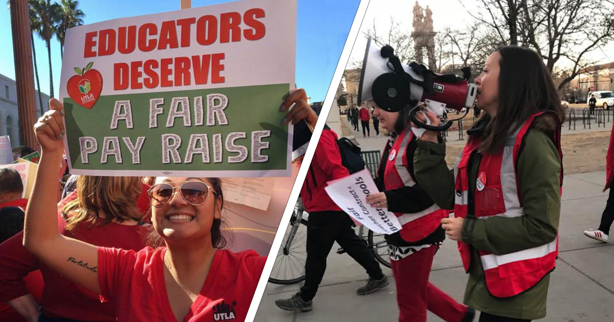 Educators demanding fair pay and quality public education for students in Los Angeles (left) and Denver (right).