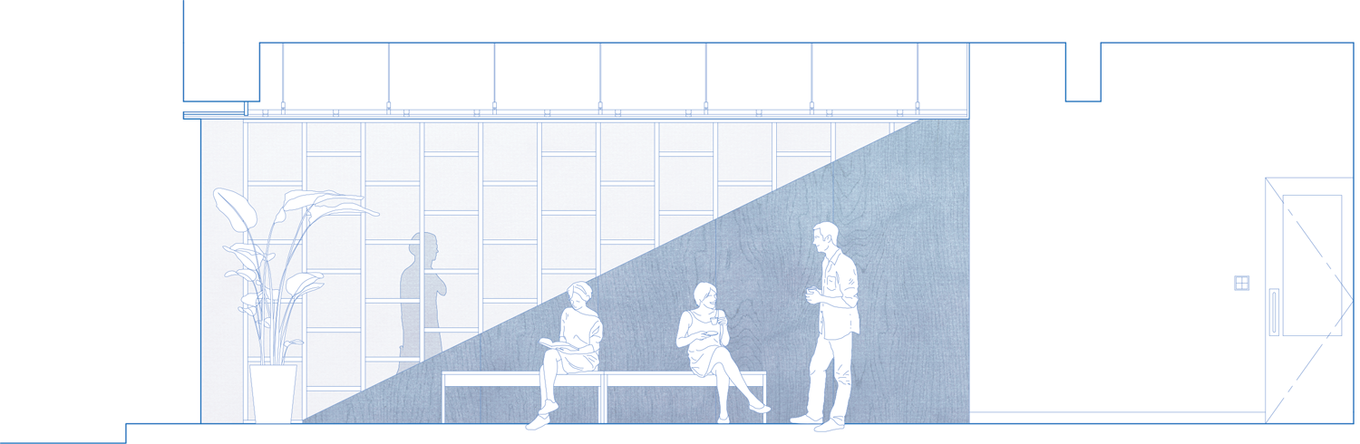 a partition wall dividing cafe and salon
