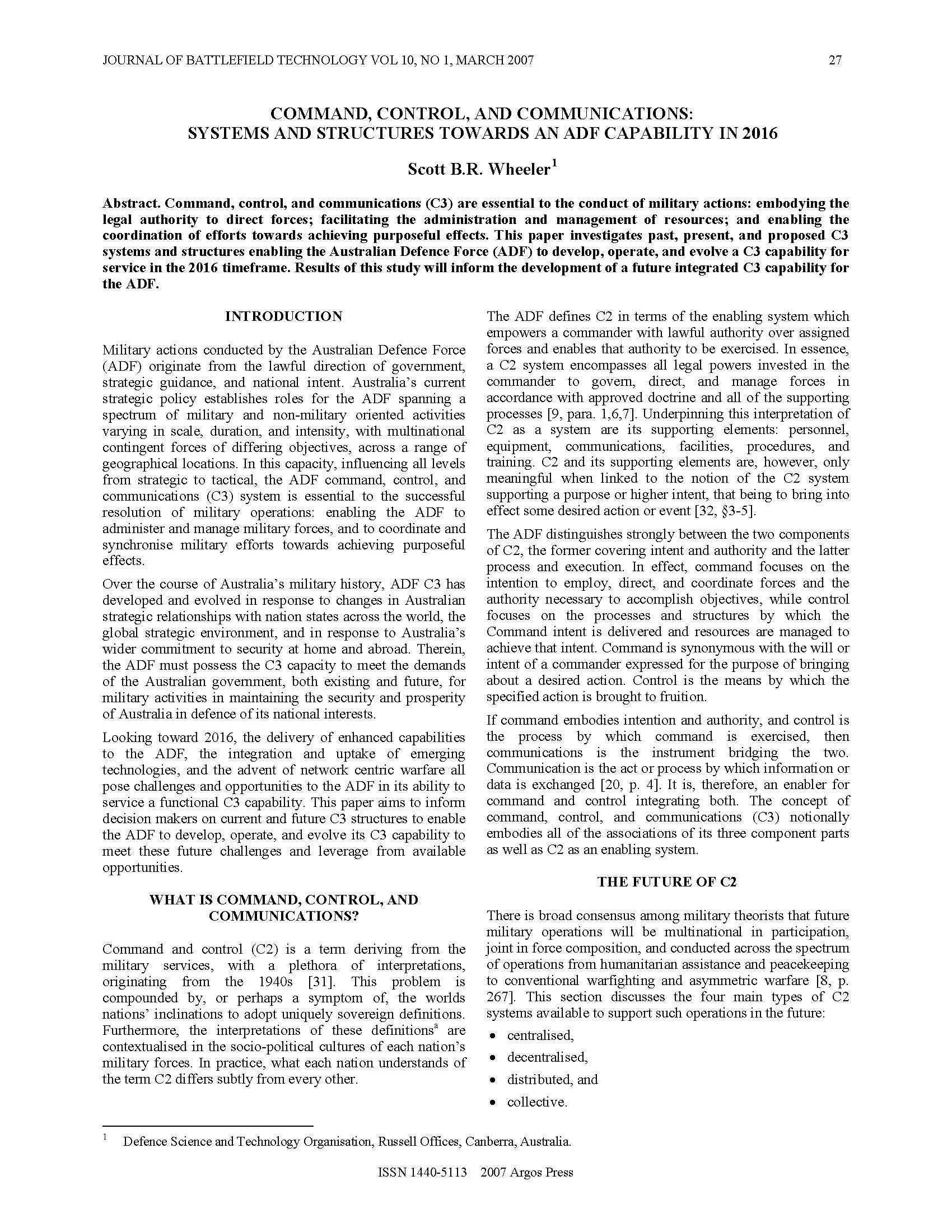 Command, Control, and Communications: Systems and Structures Towards An ADF Capability in 2016