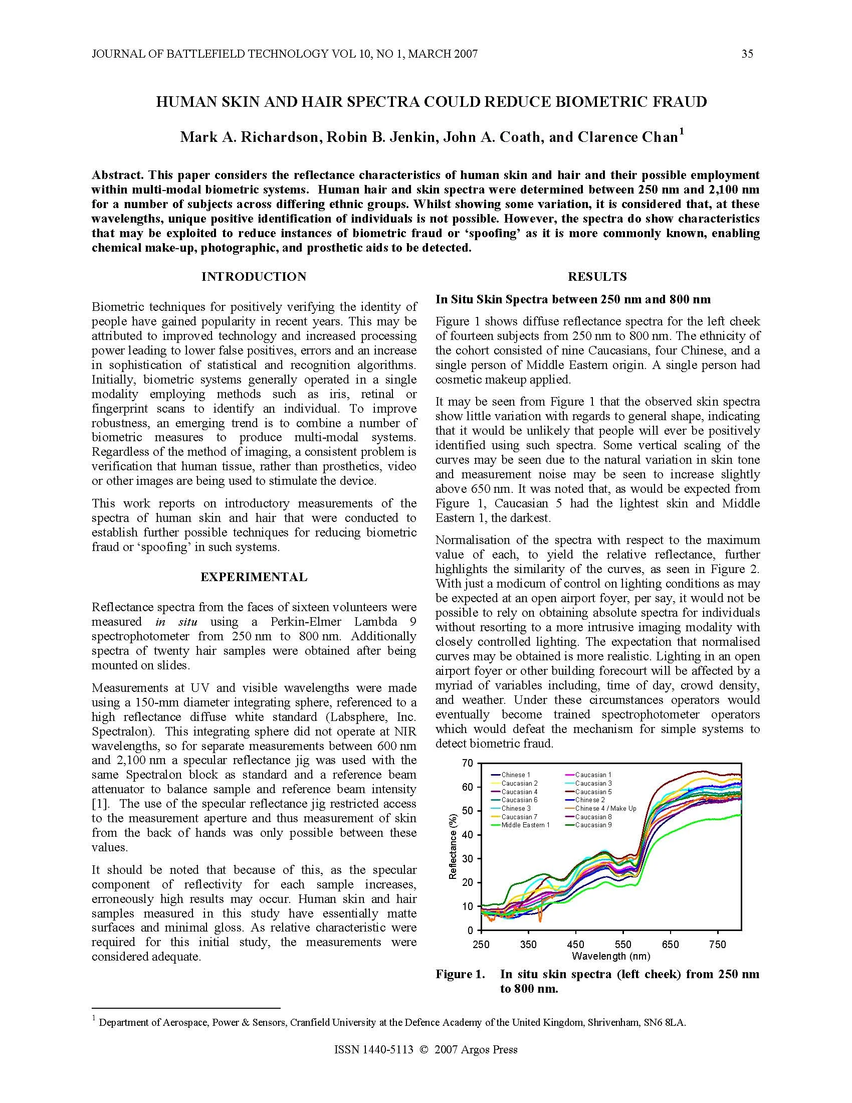 Human Skin and Hair Spectra Could Reduce Biometric Fraud