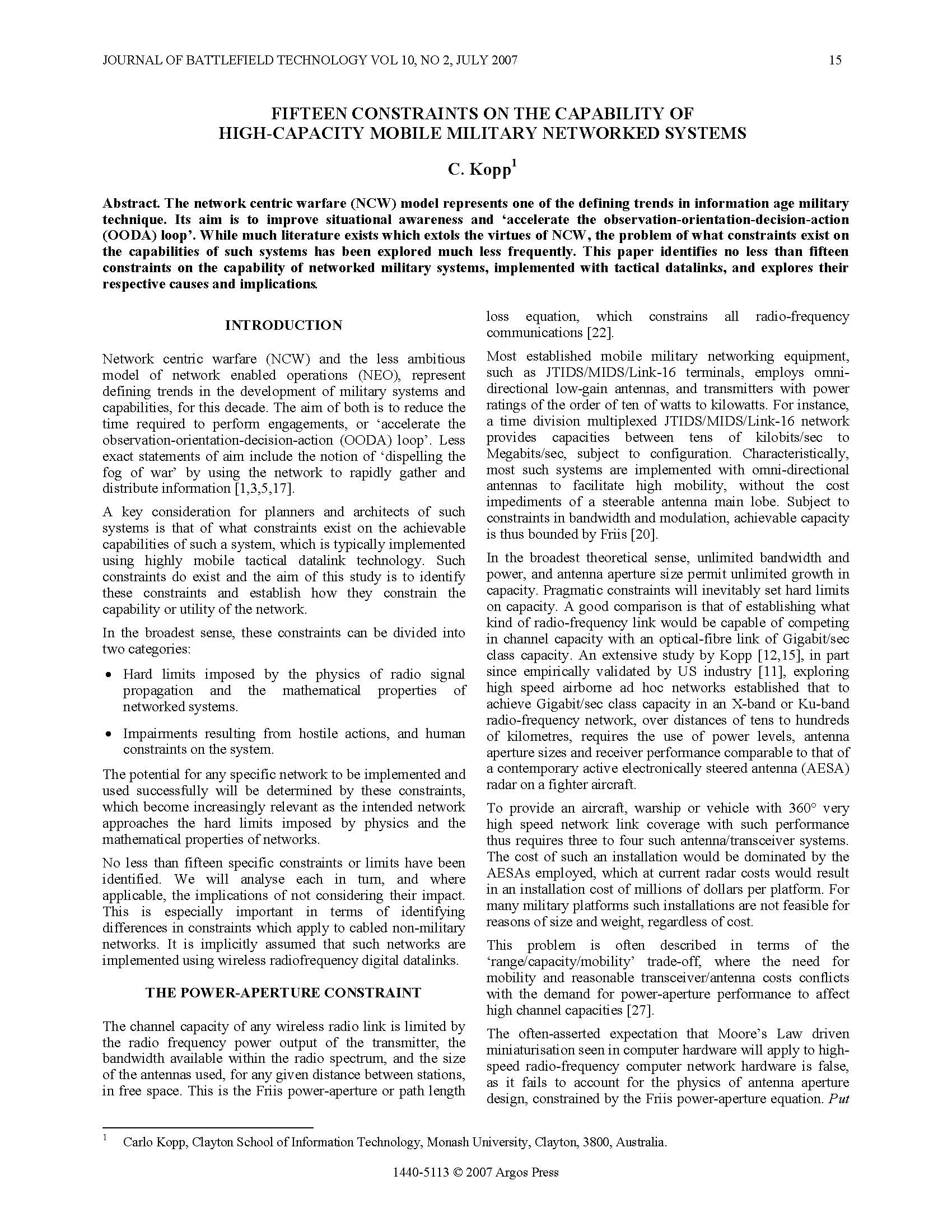 Fifteen Constraints on the Capability of High-Capacity Mobile Military Networked Systems