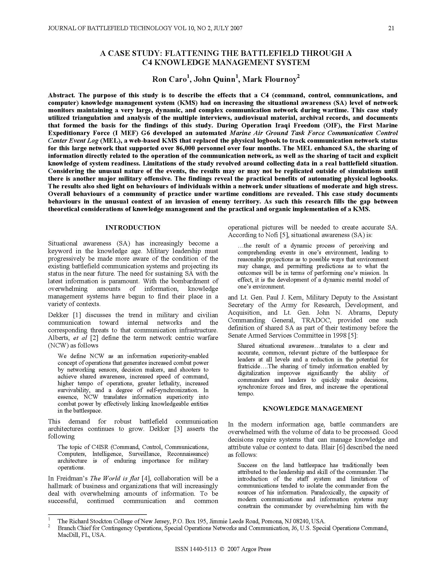 A Case Study: Flattening the Battlefield through a C4 Knowledge Management System