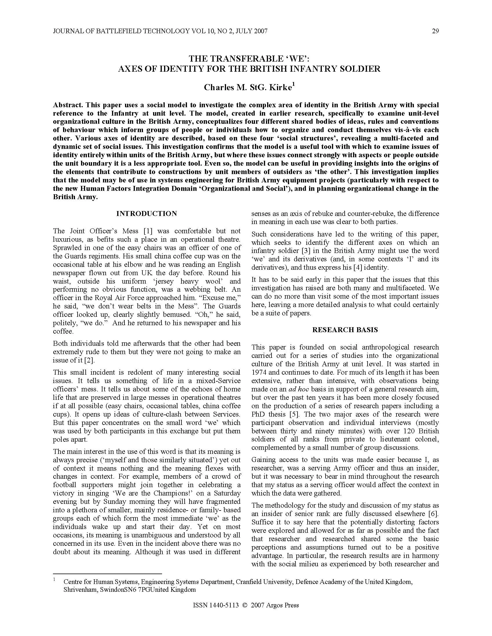 The Transferable 'We': Axes of Identity for the British Infantry Soldier