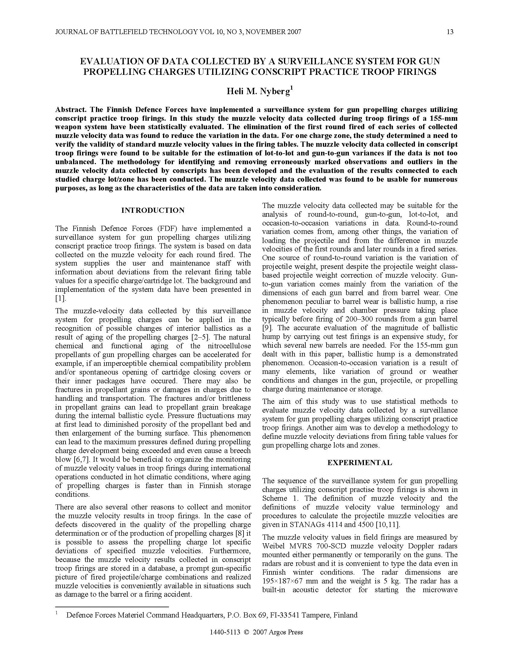 Evaluation of Data Collected by a Surveillance System for Gun Propelling Charges Utilizing Conscript Practice Troop Firings