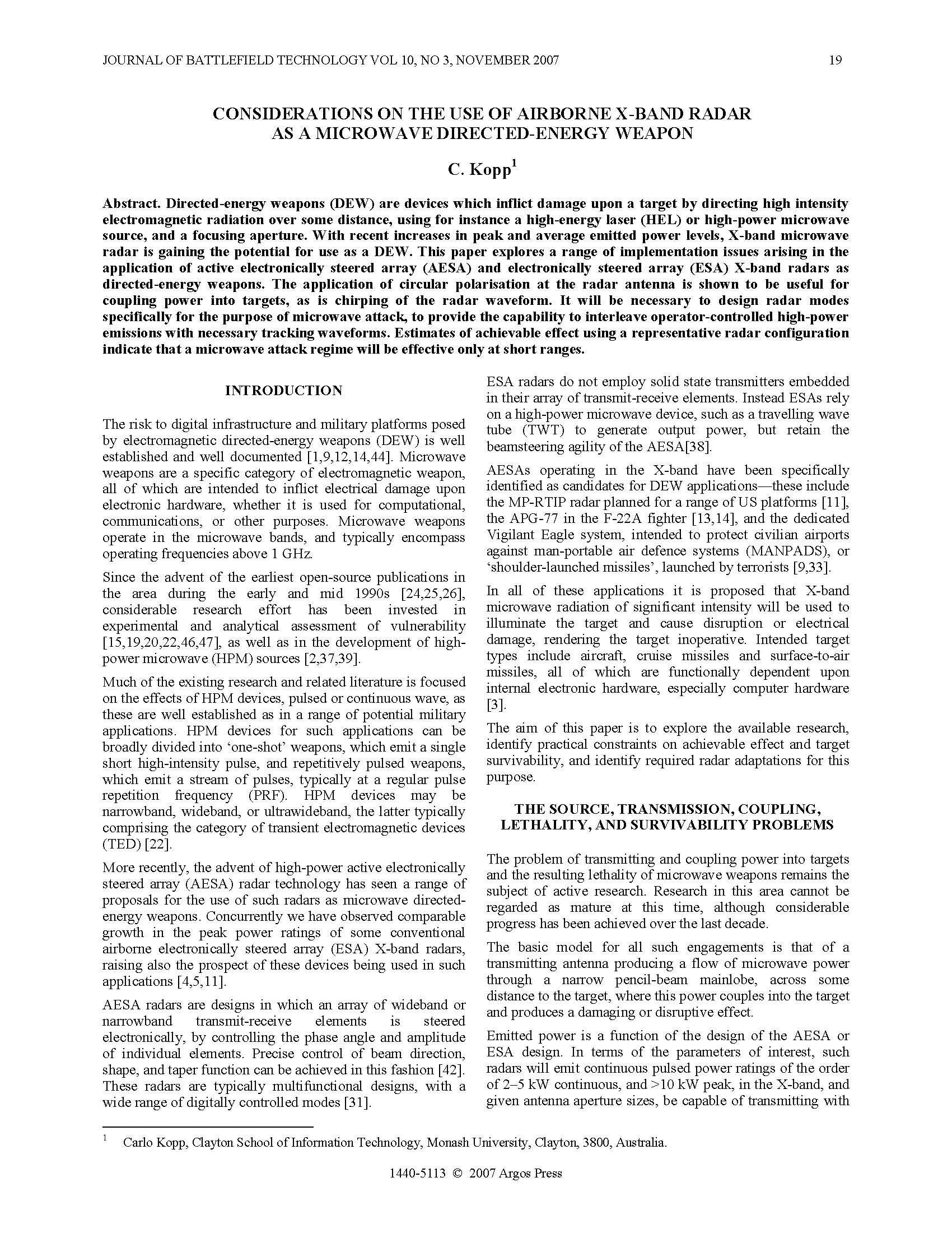 Considerations on the Use of Airborne X-band Radar as a Microwave Directed-energy Weapon