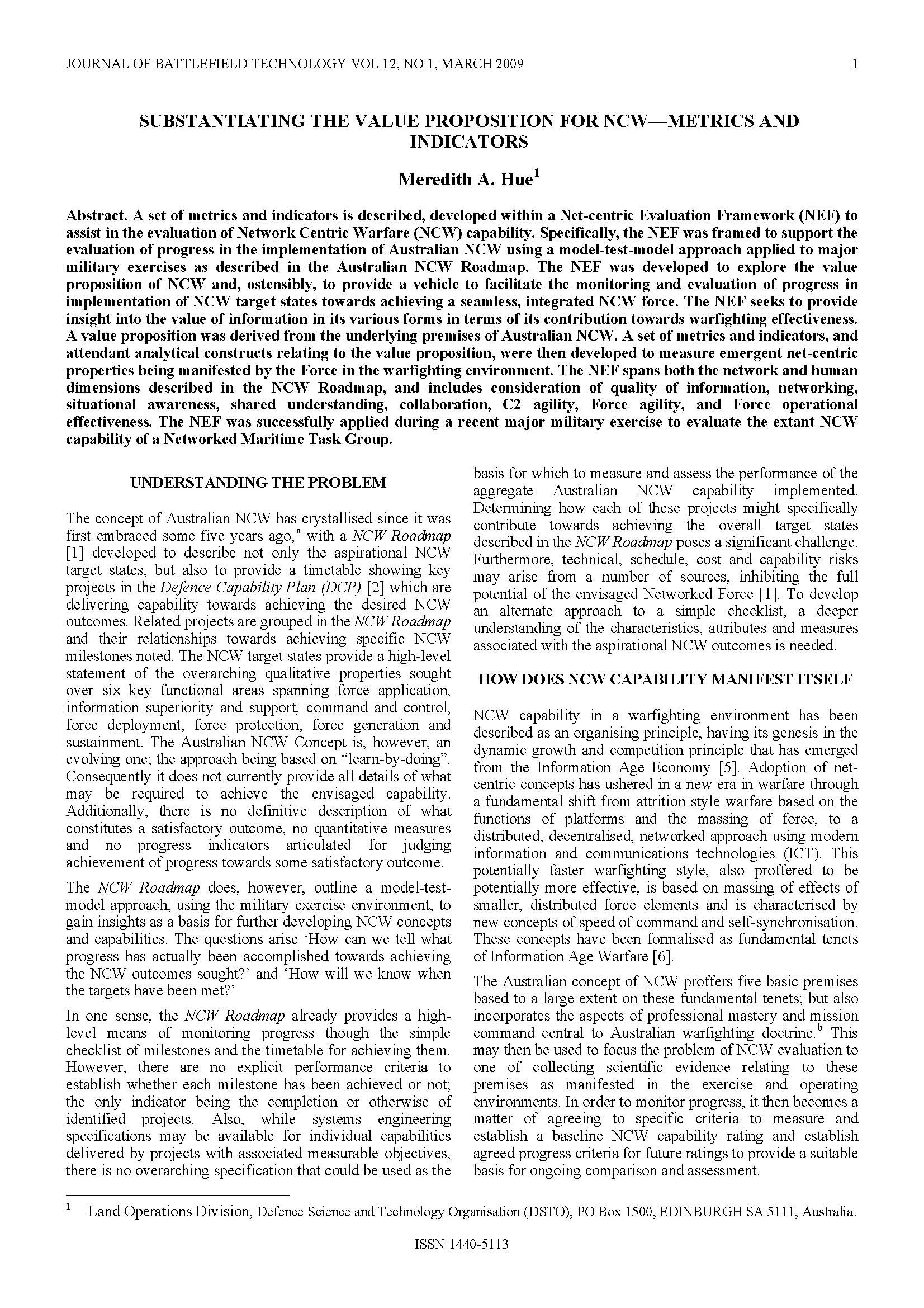 Substantiating the Value Proposition for NCW—Metrics and Indicators