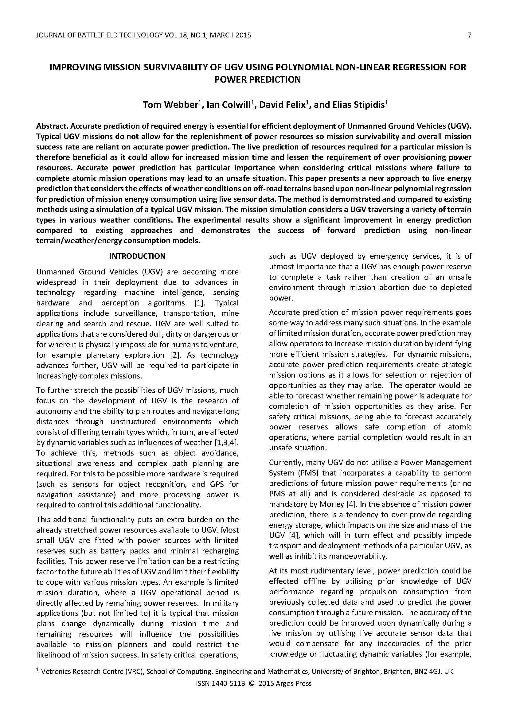 Improving Mission Survivability of UGV’s Using Polynomial Non-Linear Regression for Power Prediction