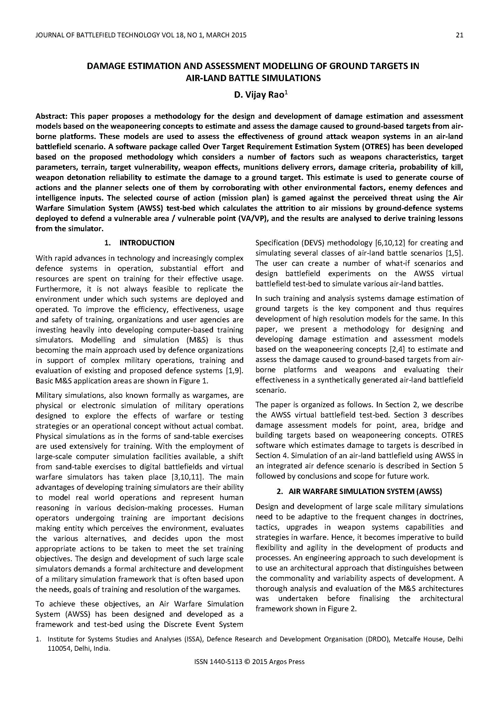 Damage Estimation and Assessment Modelling Of Ground Targets in Air-Land Battle Simulations