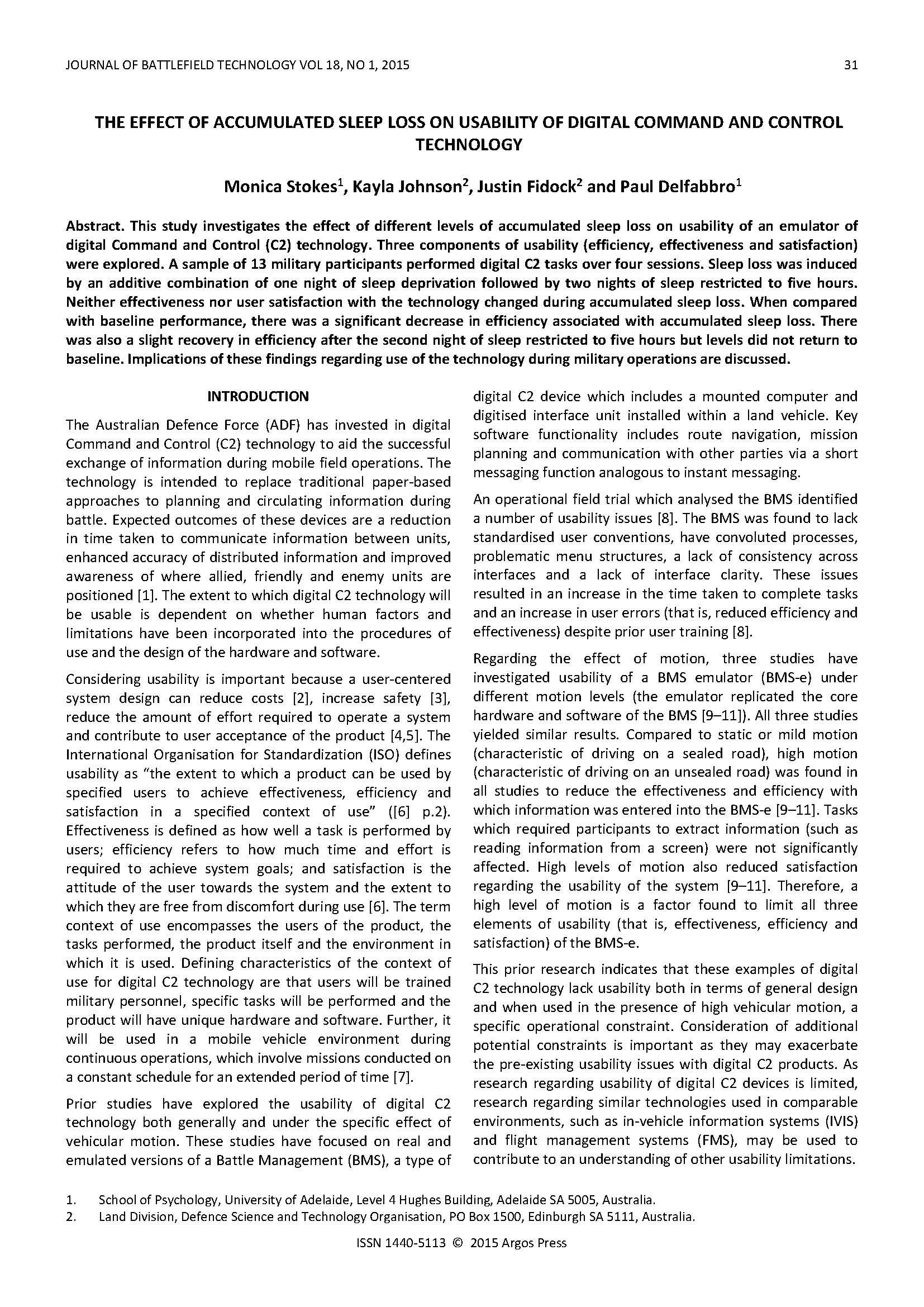 The Effect of Accumulated Sleep Loss on Usability of Digital Command and Control Technology