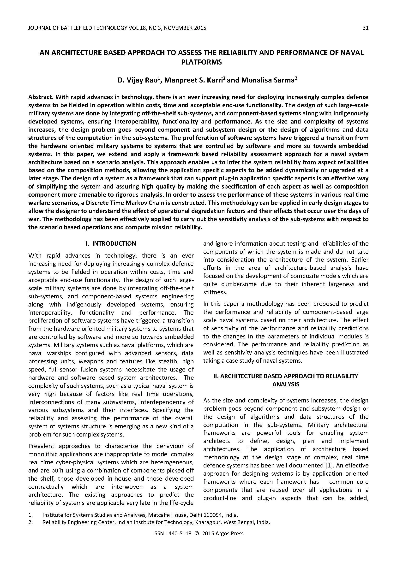 An Architecture Based Approach to Assess the Reliability and Performance of Naval Platforms