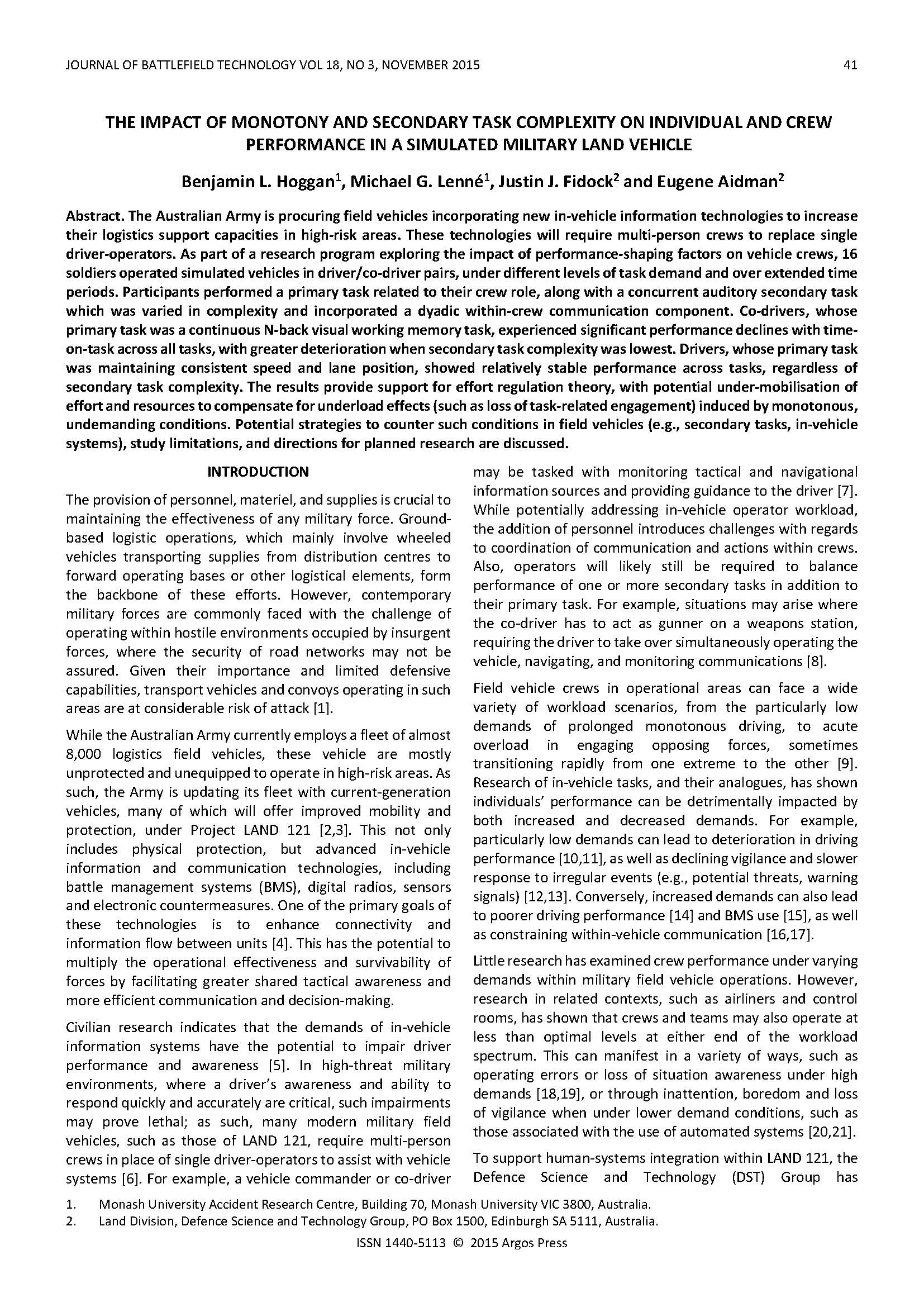The Impact of Monotony and Secondary Task Complexity on Individual and Crew Performance in a Simulated Military Land Vehicle