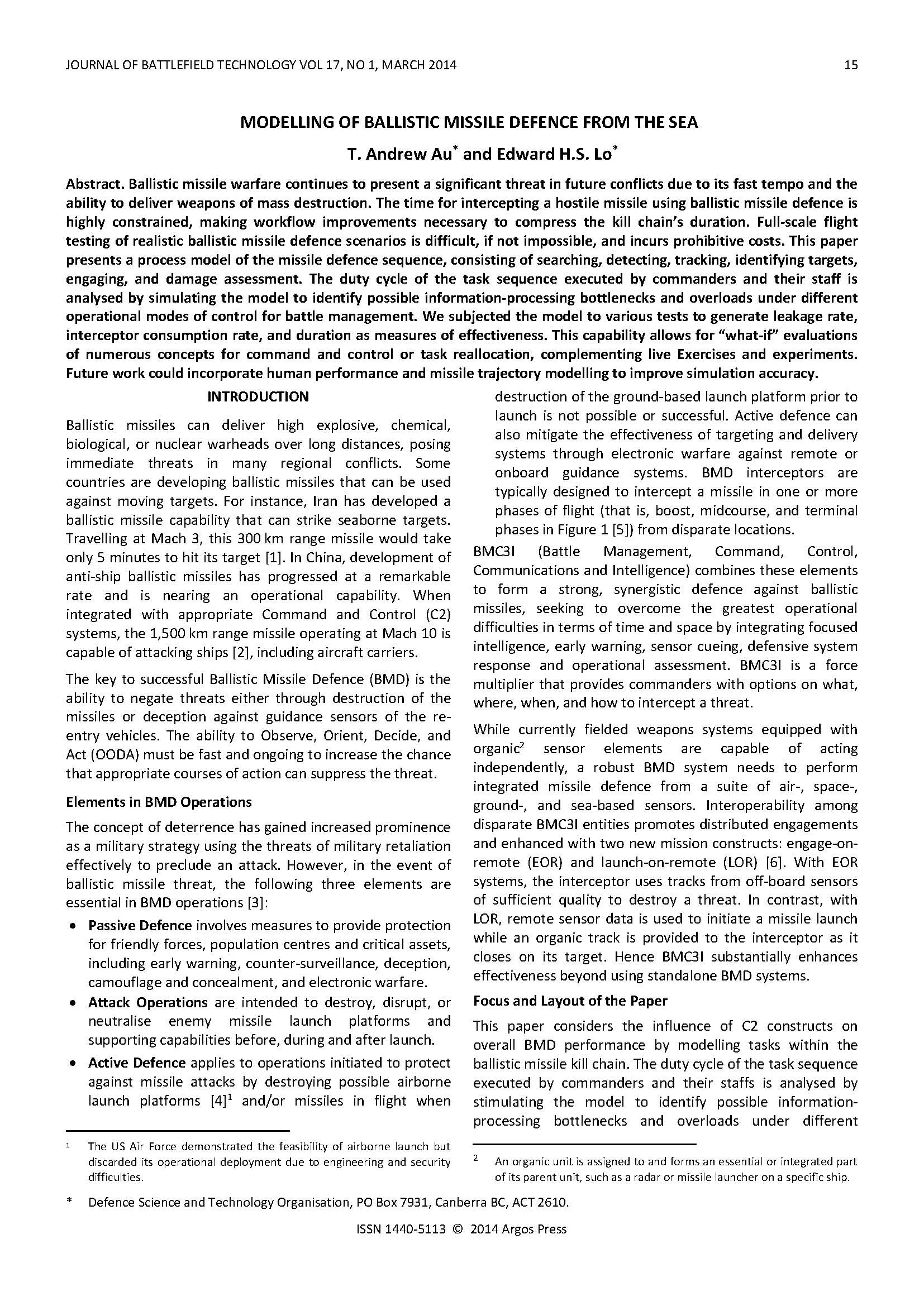 Modelling of Ballistic Missile Defence from the Sea