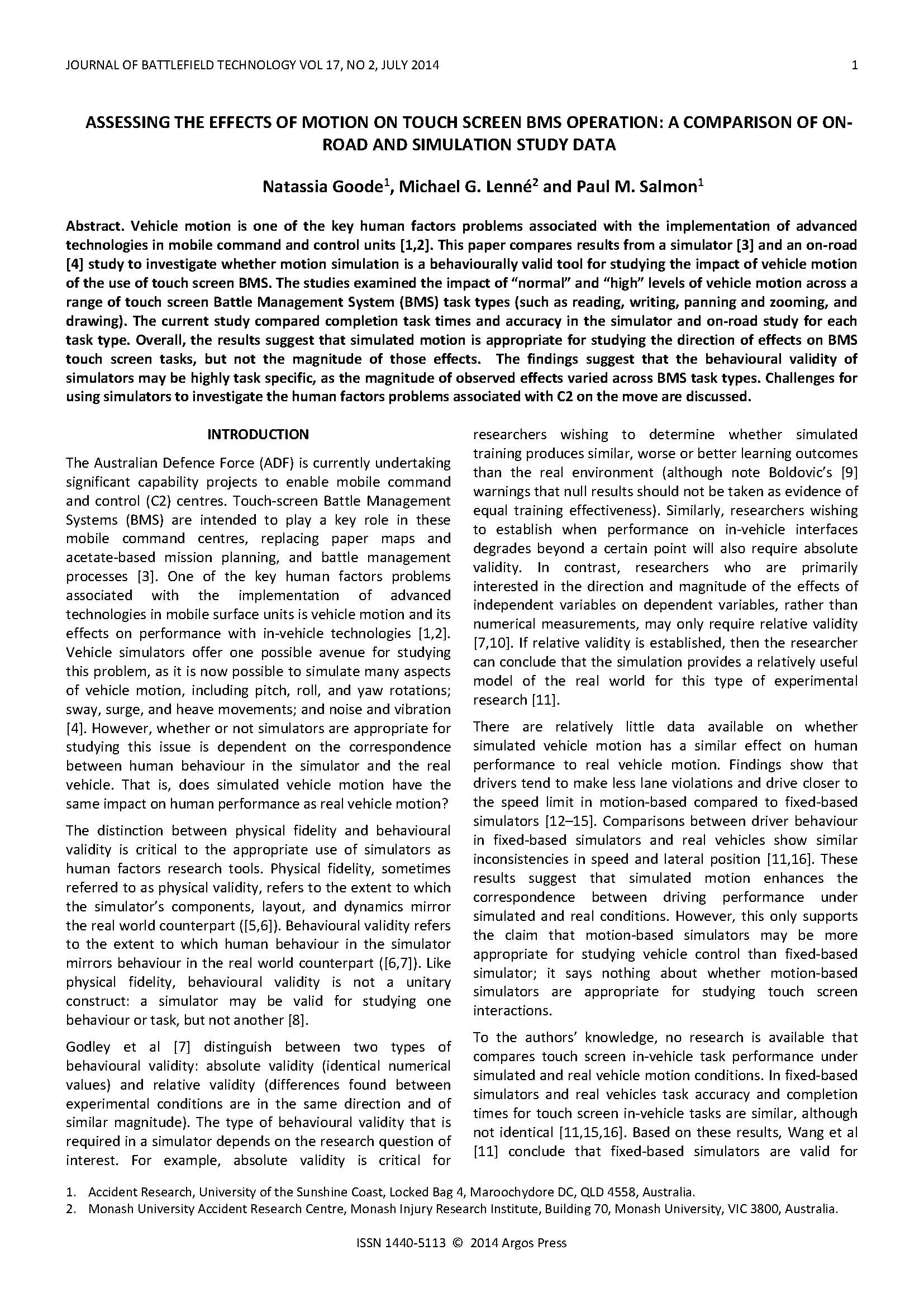 Assessing the Effects of Motion on Touch Screen BMS Operation