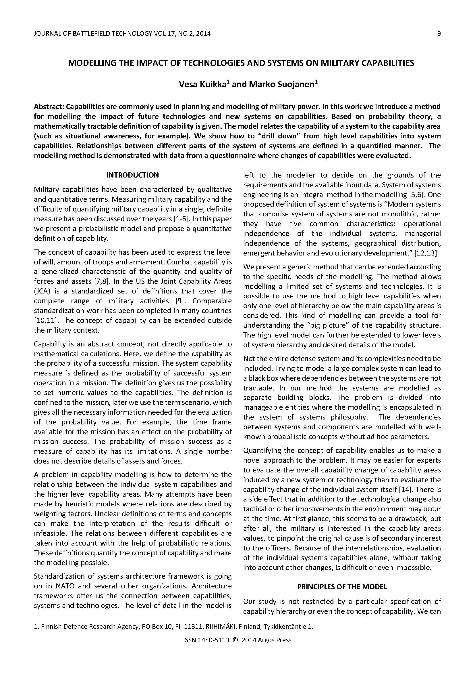 Modelling the Impact of Technologies and Systems on Military Capabilities