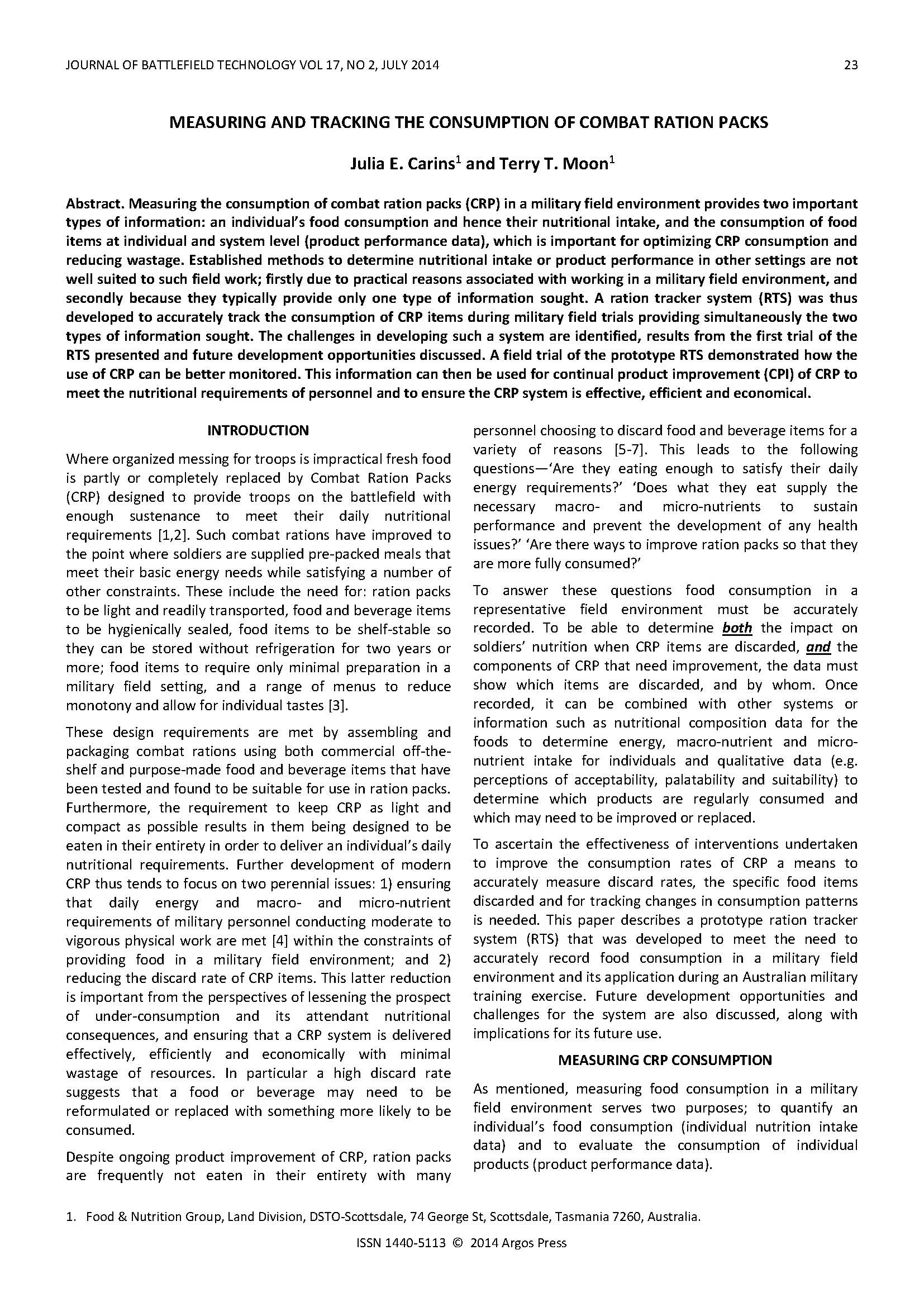Measuring and Tracking the Consumption of Combat Ration Packs