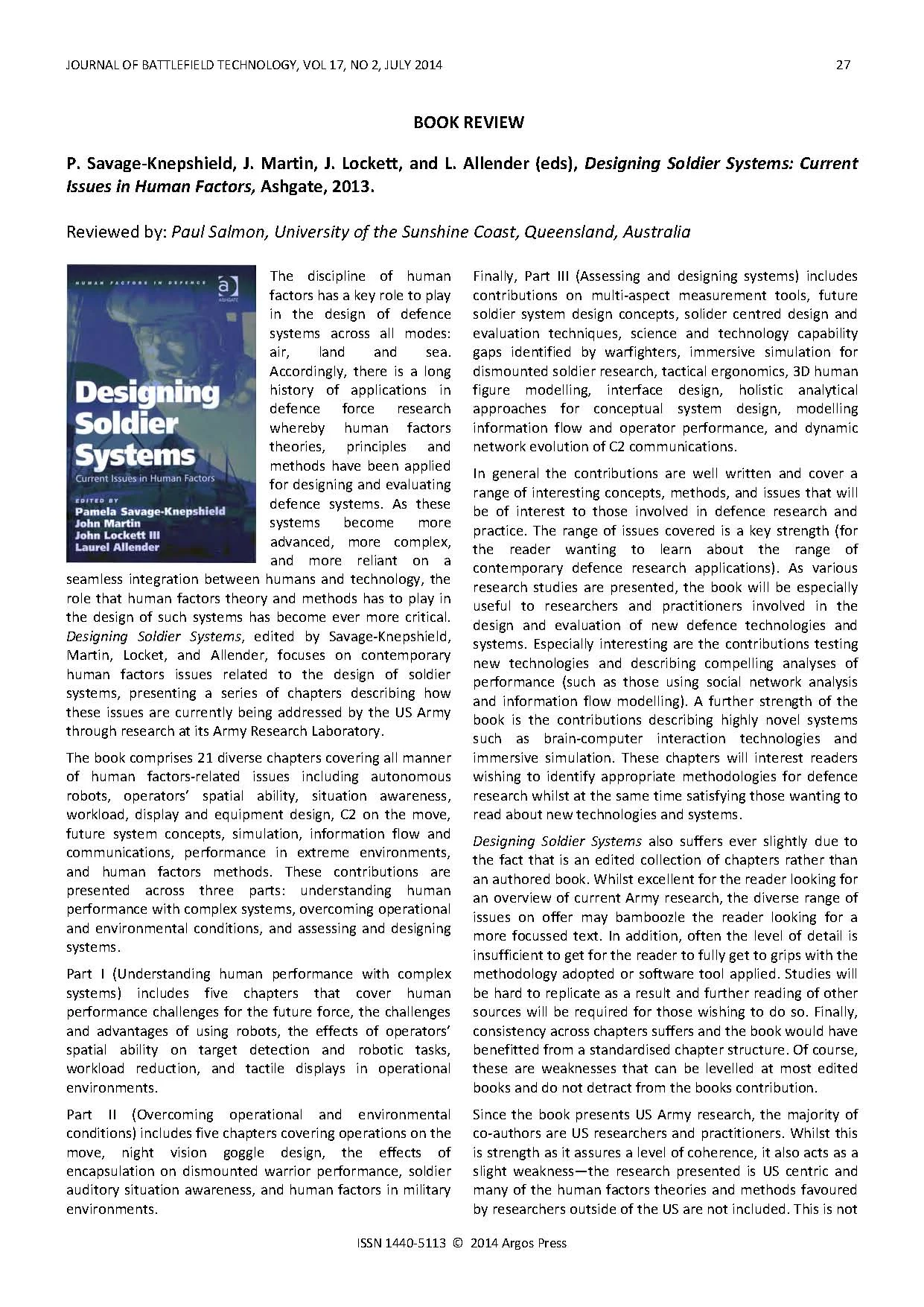 A Review of Designing Soldier Systems: Current Issues in Human Factors