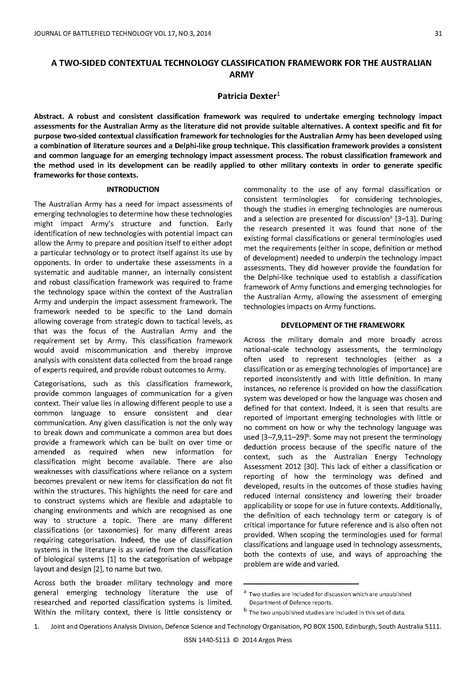 A Two-Sided Contextual Technology Classification Framework for the Australian Army