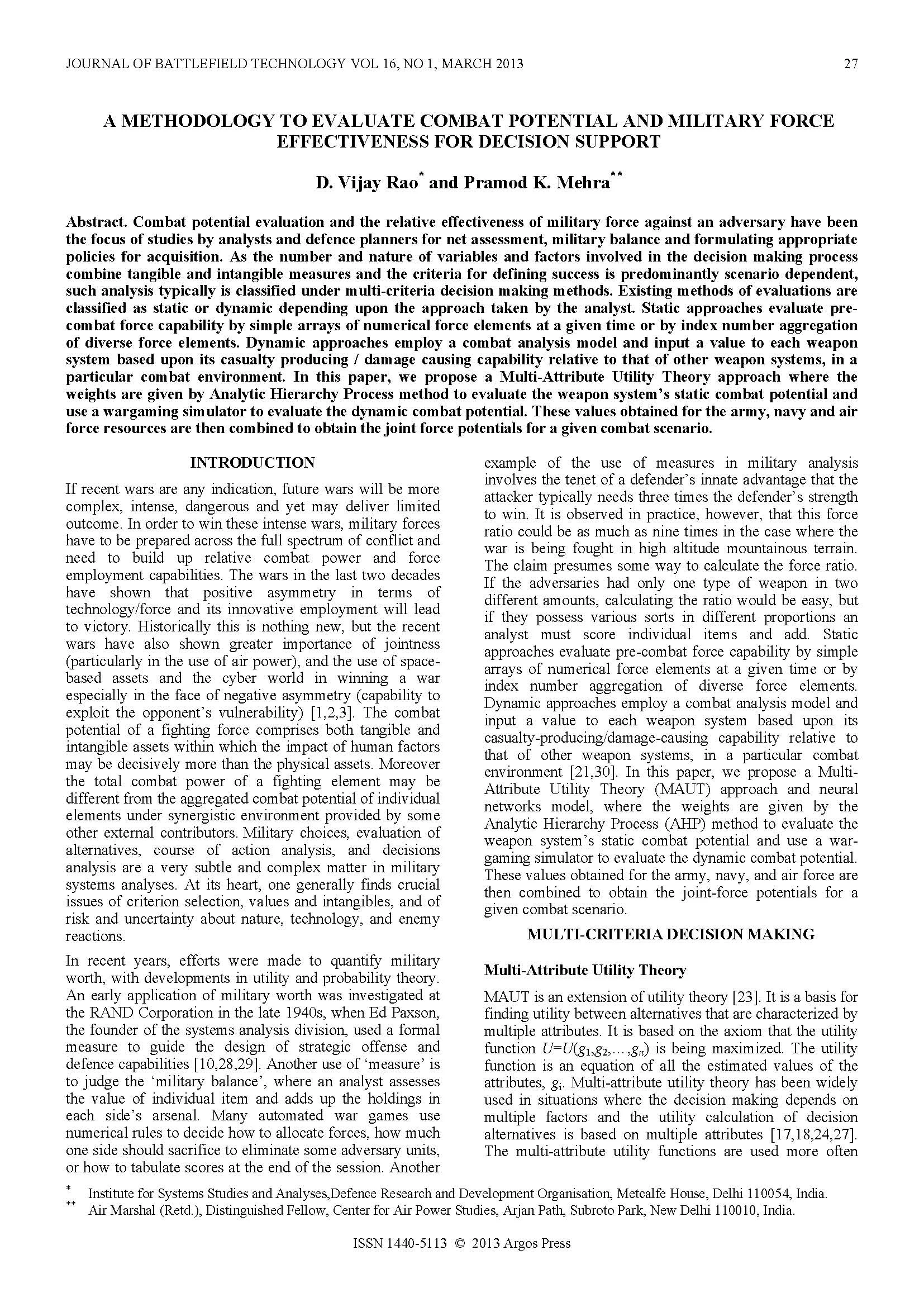 A Methodology to Evaluate the Combat Potential and Military Force Effectiveness for Decision Support