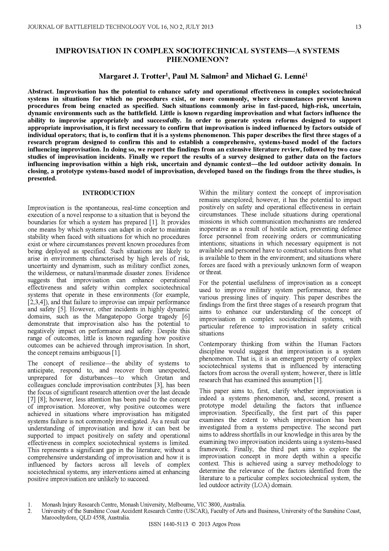 Improvisation in Complex Sociotechnical Systems - A Systems Phenomenon?