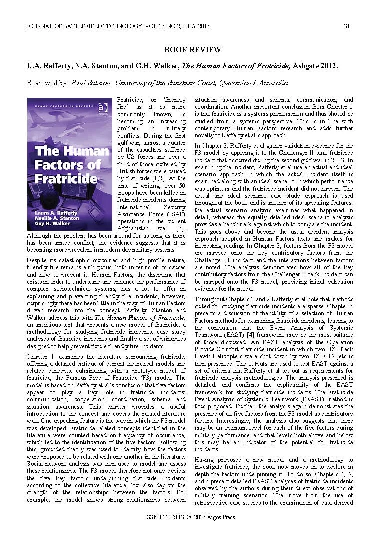 A Review of The Human Factors of Fratricide by L.A. Rafferty, N.A. Stanton, and G.H. Walker
