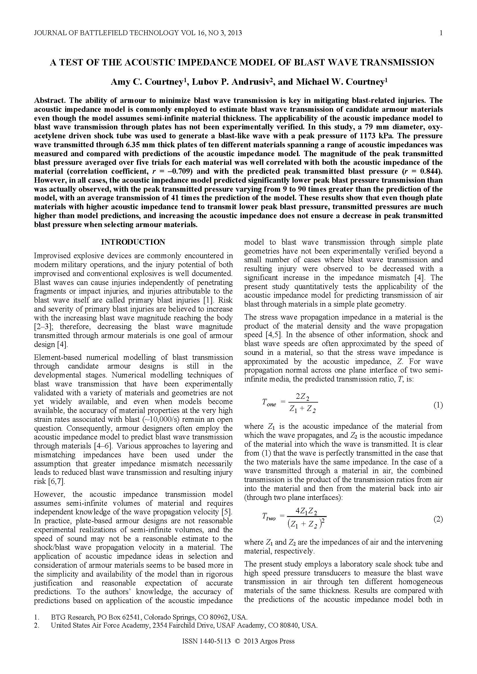 A Test of the Acoustic Impedance Model of Blast Wave Transmission