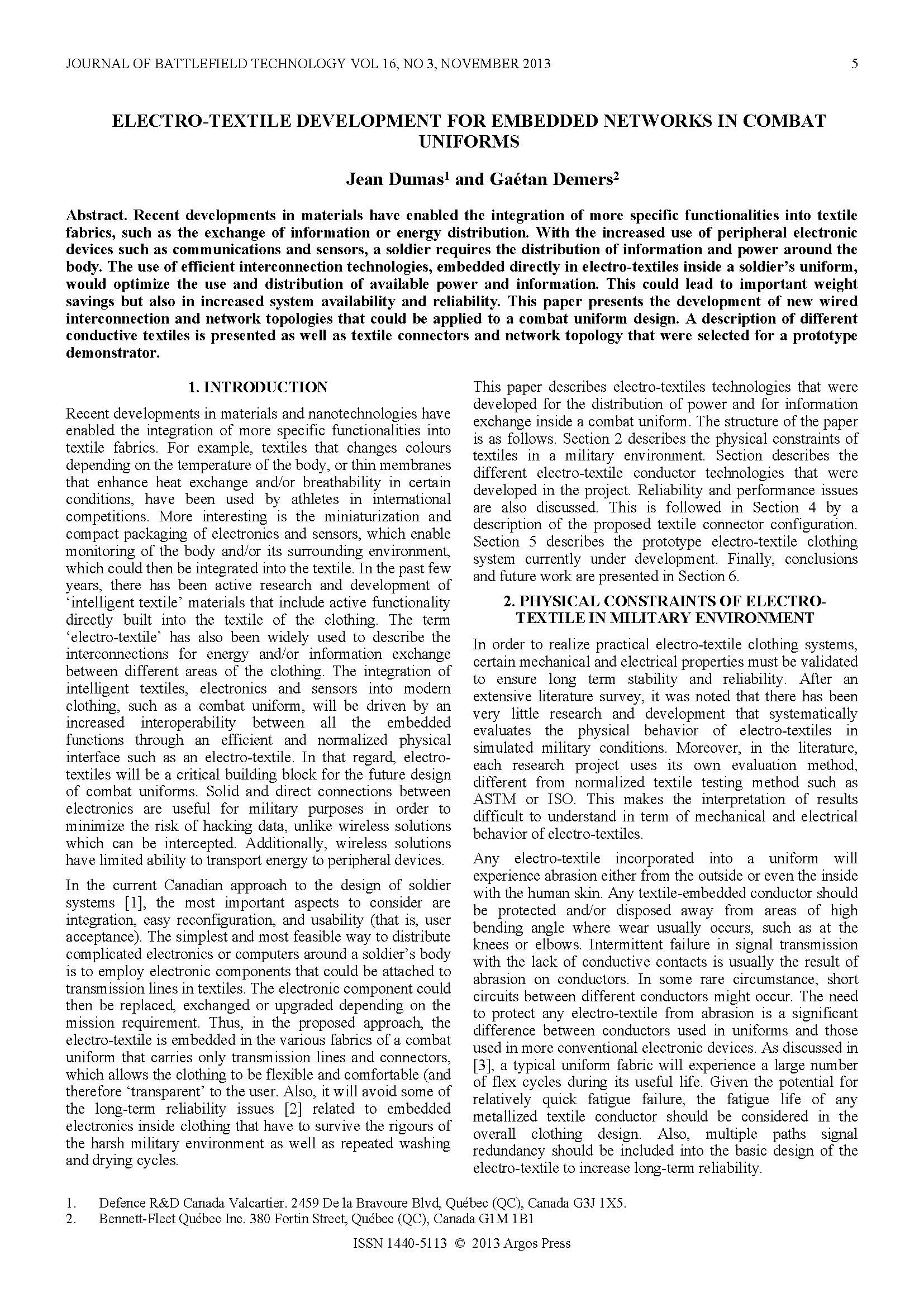 Electro-Textile Development for Embedded Networks in Combat Uniforms