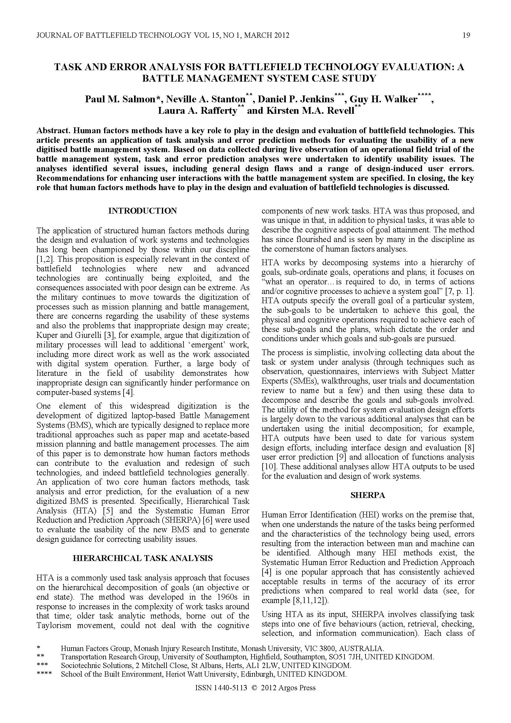 Task and Error Analysis for Battlefield Technology Evaluation