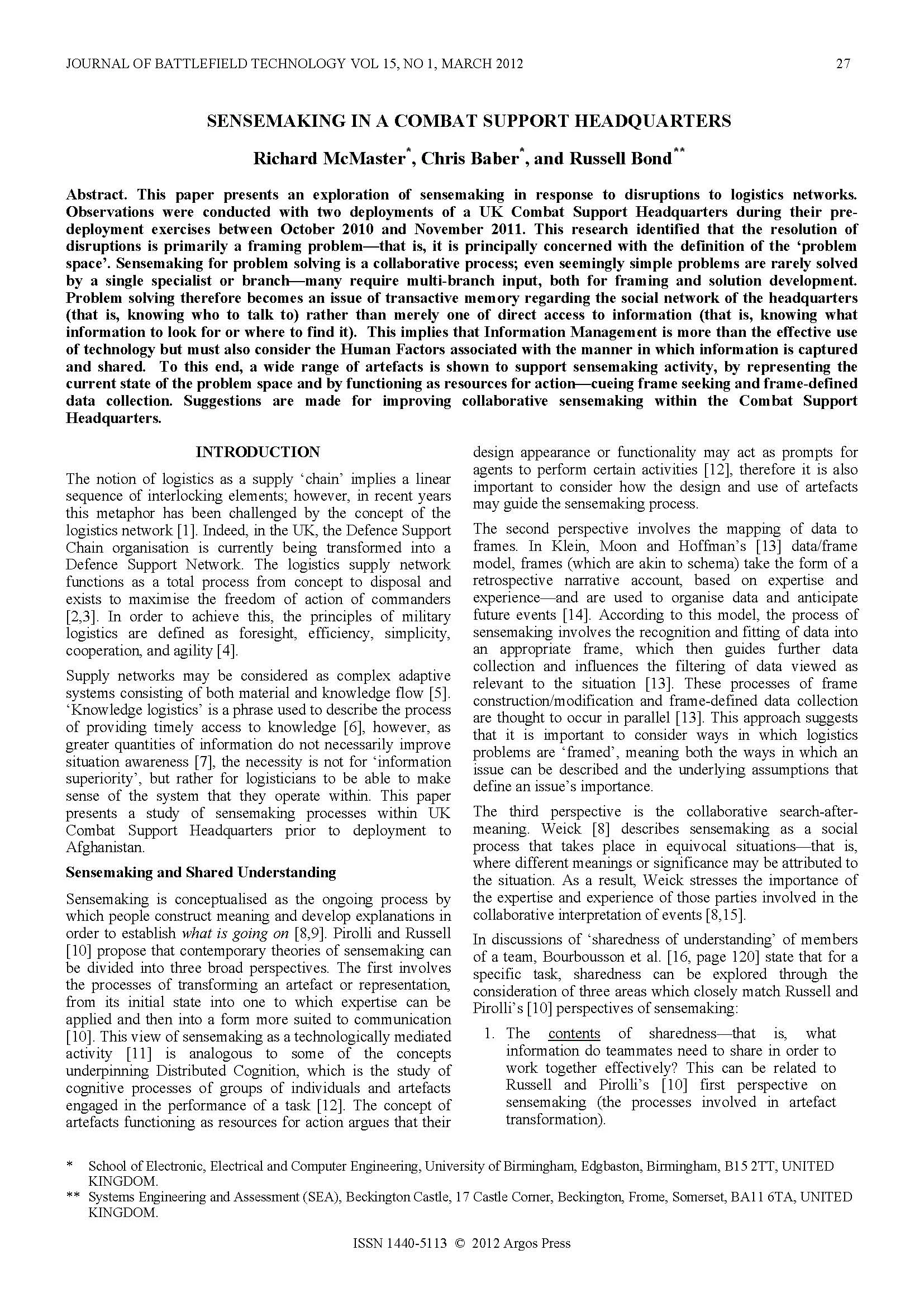 Sensemaking in a Combat Support Headquarters