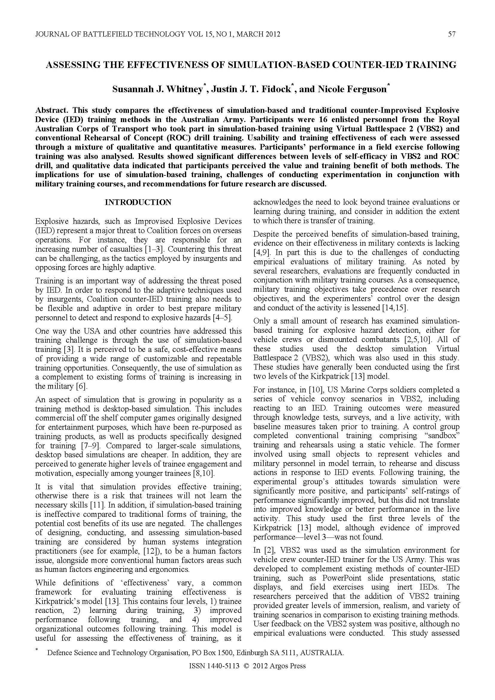 Assessing the Effectiveness of Simulation-Based Counter-IED Training
