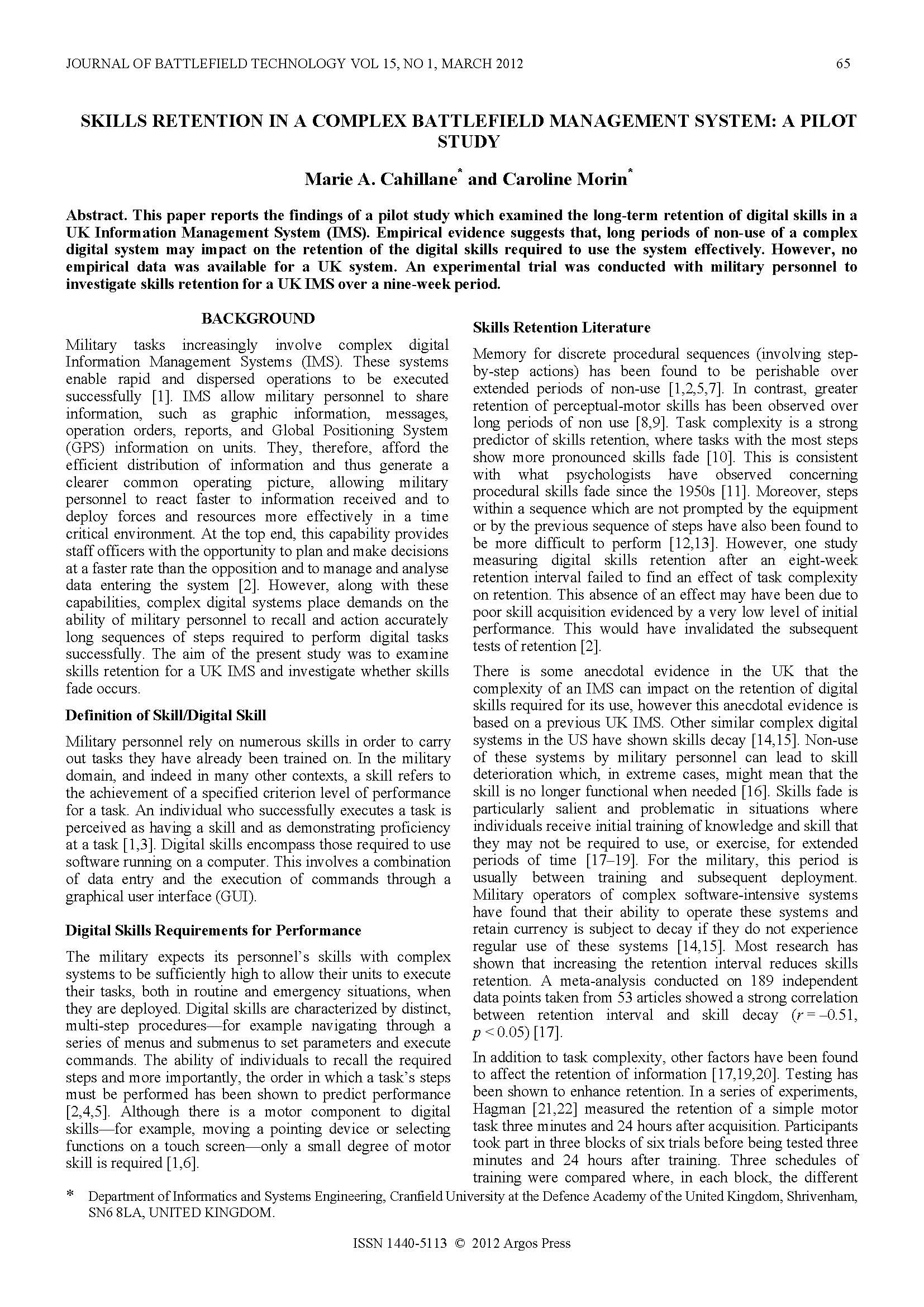 Skills Retention in a Complex Battlefield Management System: A Pilot Study