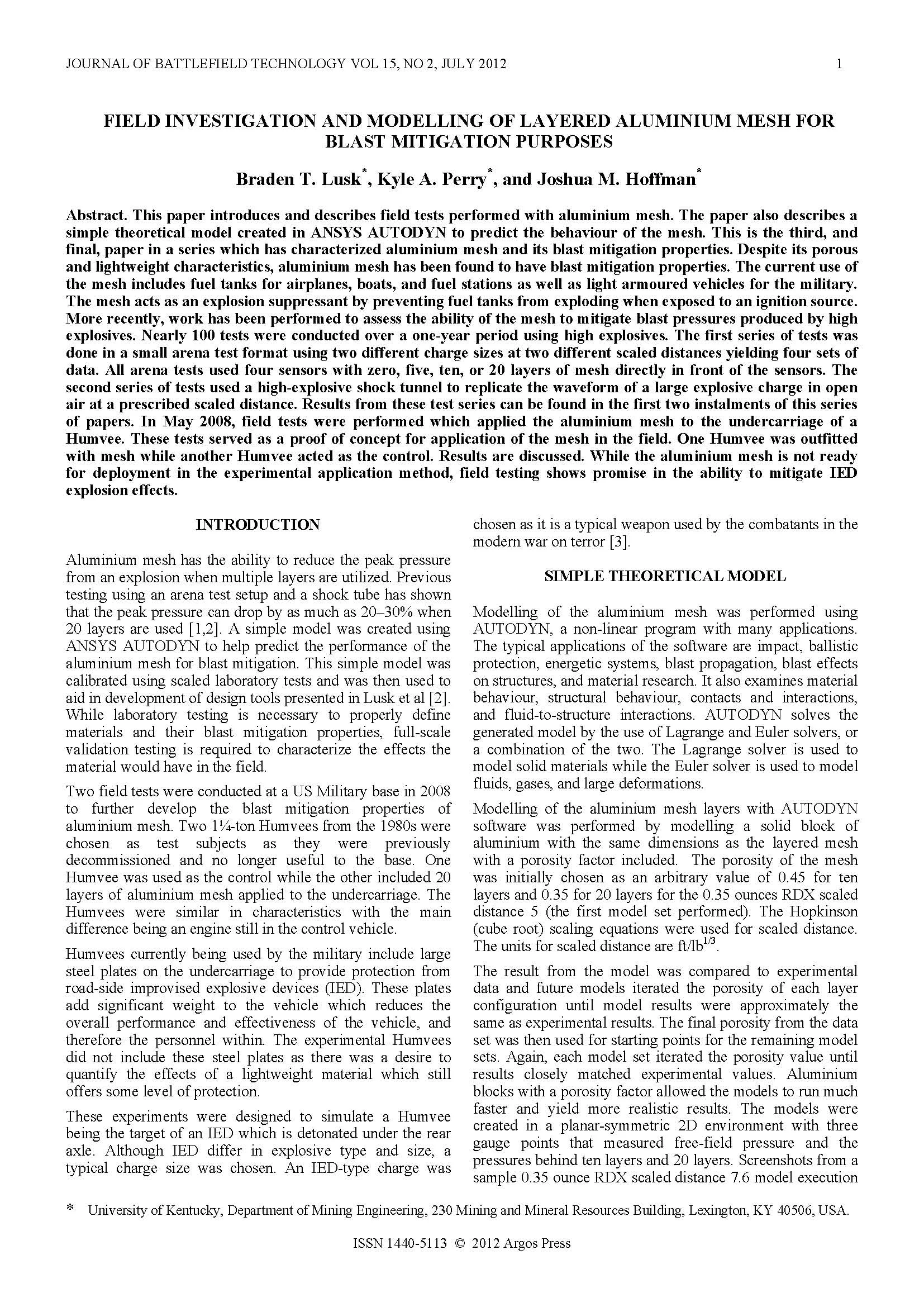 Field Investigation and Modelling of Layered Aluminium Mesh for Blast Mitigation Purposes