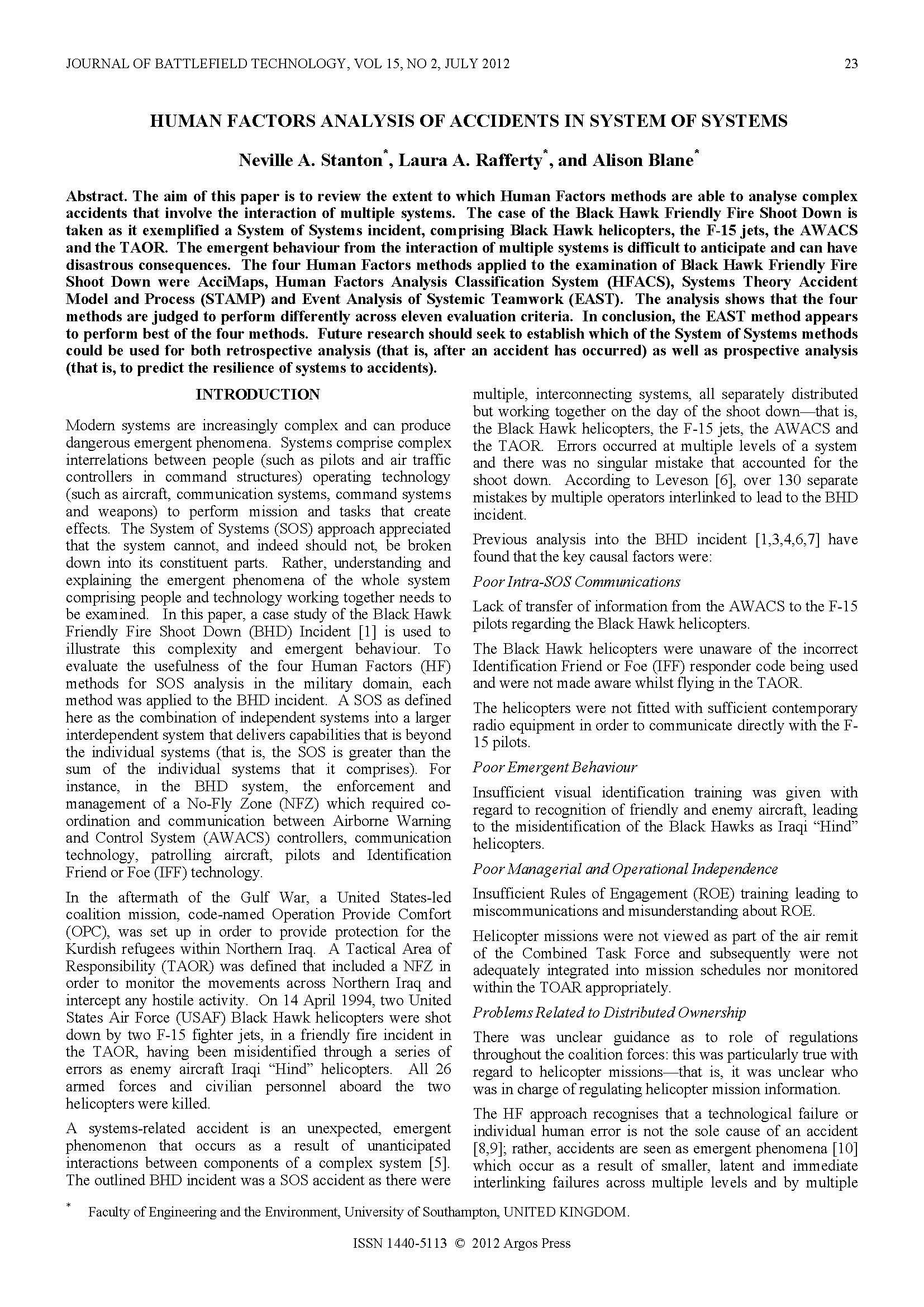 Human Factors Analysis of Accidents in System of Systems