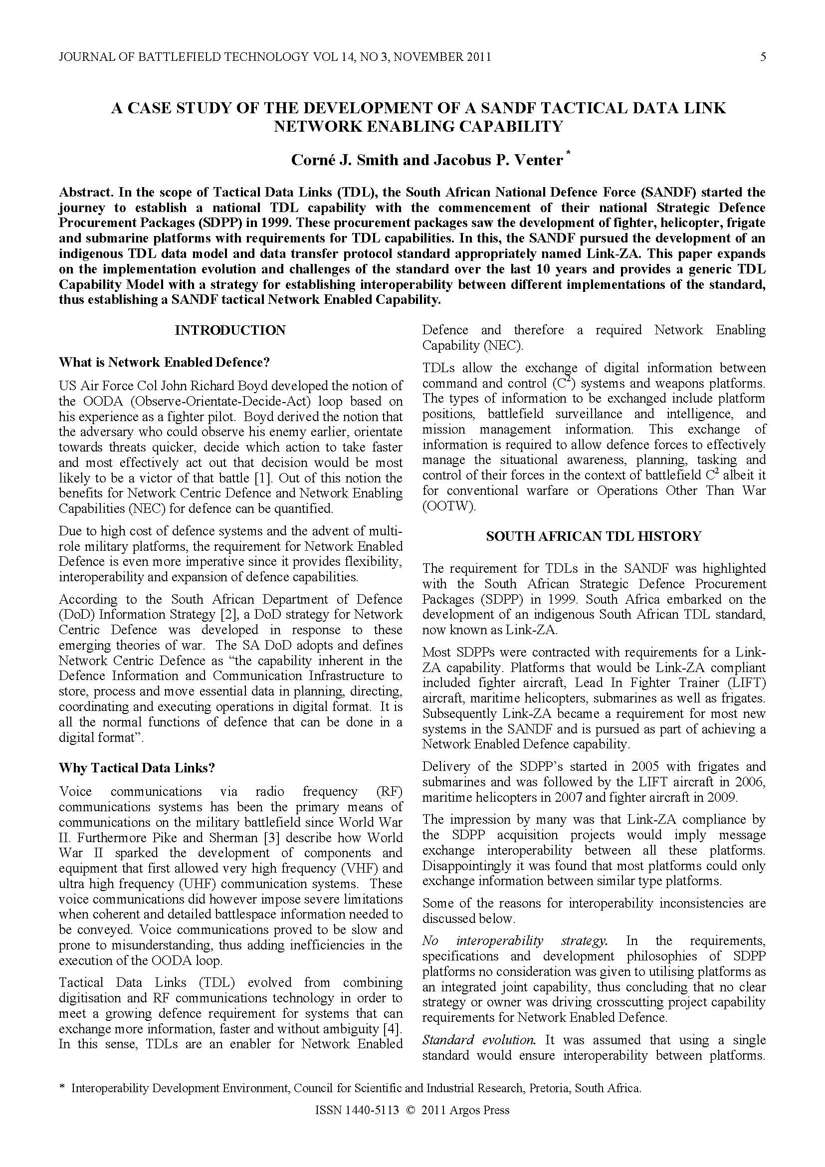 A Case Study of the Development of a SANDF Tactical Data Link Network Enabling Capability