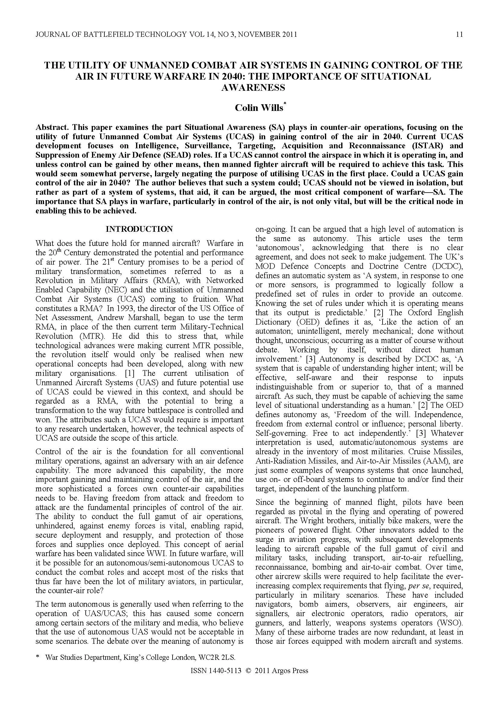 The Utility of Unmanned Combat Air Systems in Gaining Control of the Air in Future Warfare in 2040: The Importance of Situational Awareness