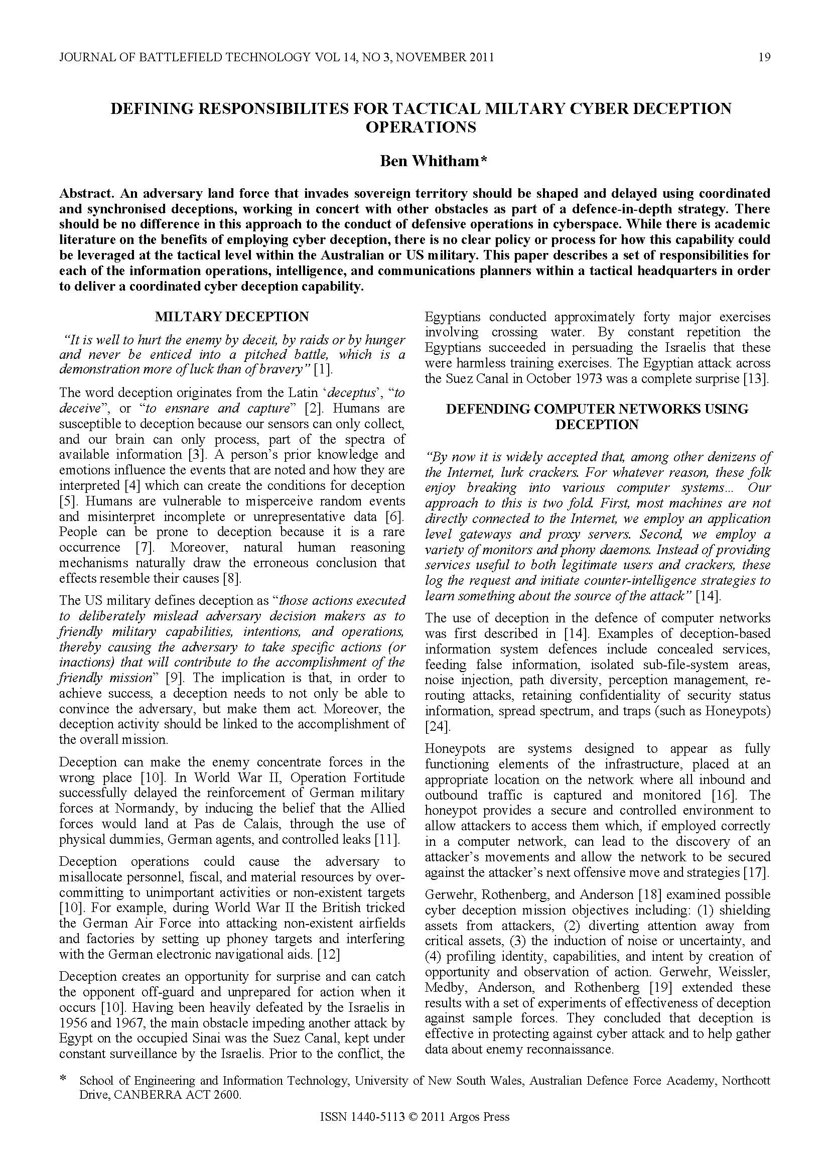 Defining Responsibilities for Tactical Military Cyber Deception Operations