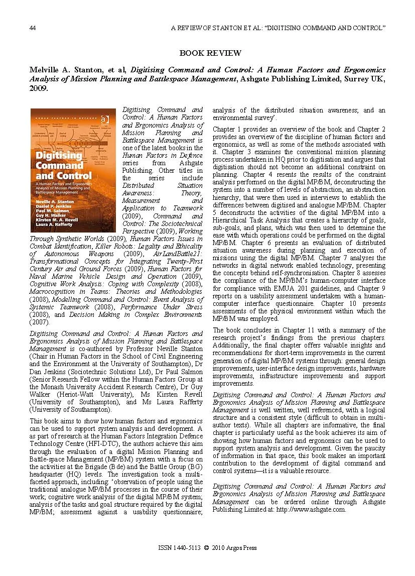 Book Review: Digitising Command and Control: A Human Factors and Ergonomics Analysis of Mission Planning and Battlespace Management