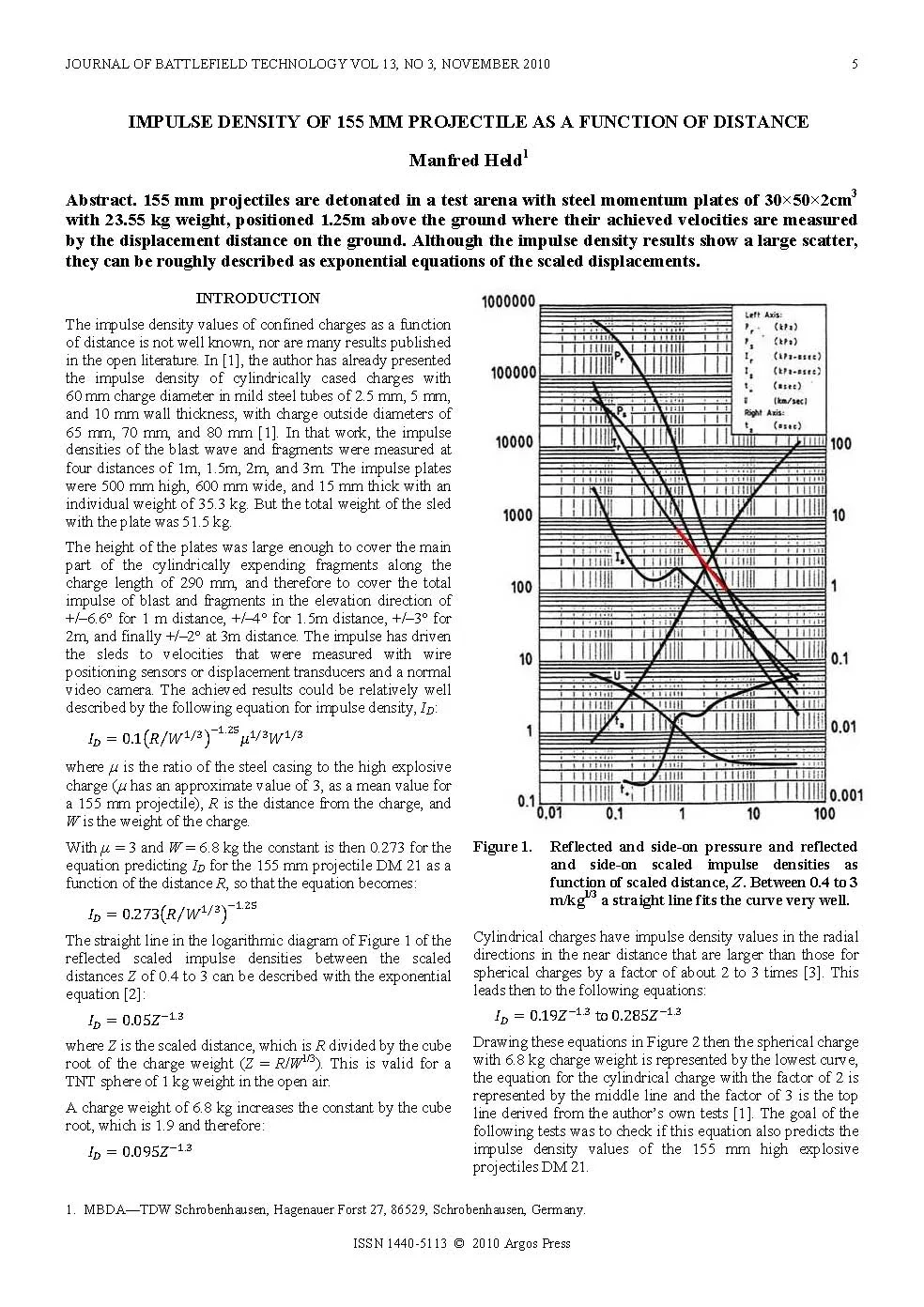 Impulse Density of 155 mm Projectile as a Function of Distance