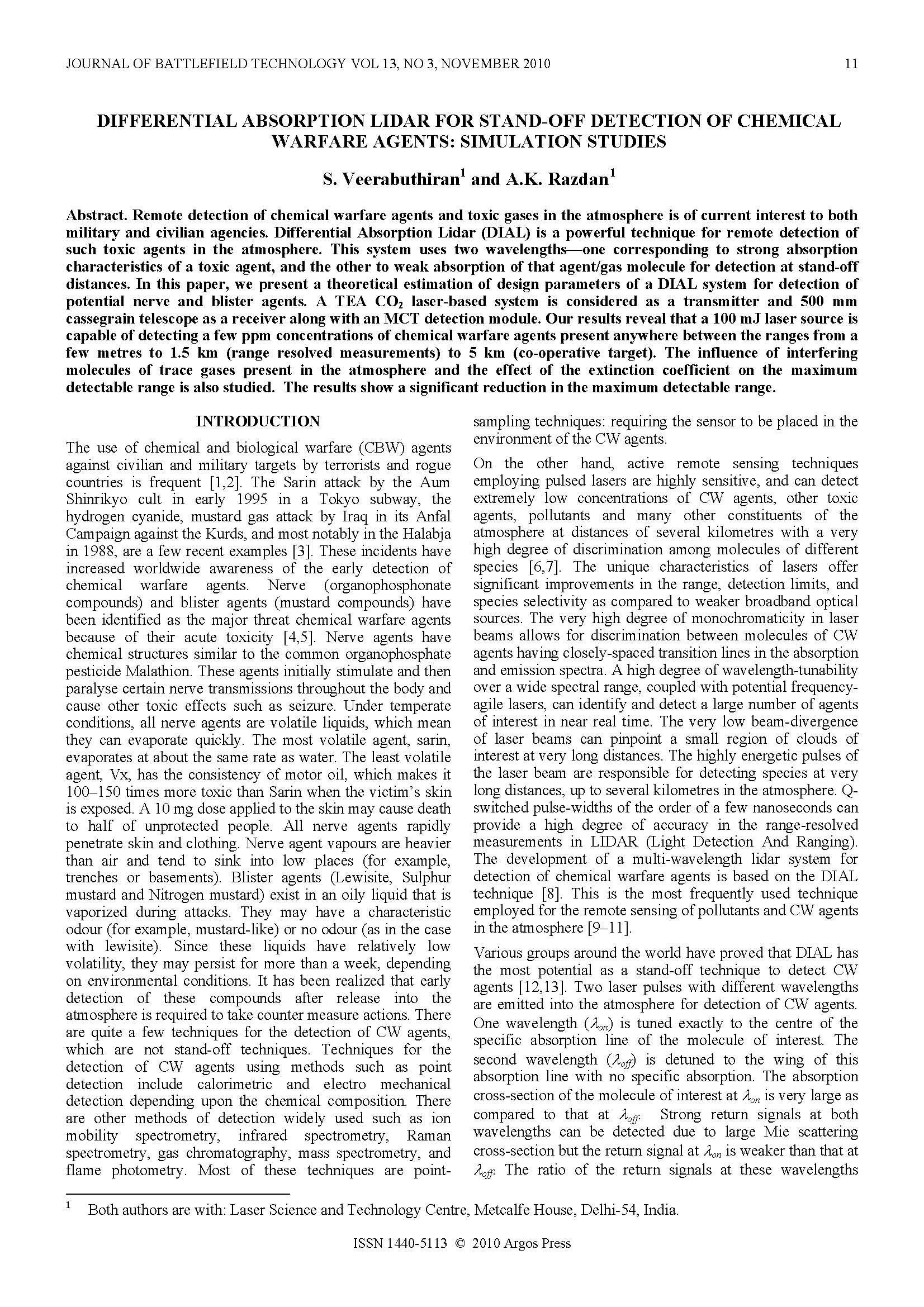 Differential Absorption LIDAR for Stand-Off Detection of Chemical Warfare Agents: Simulation Studies