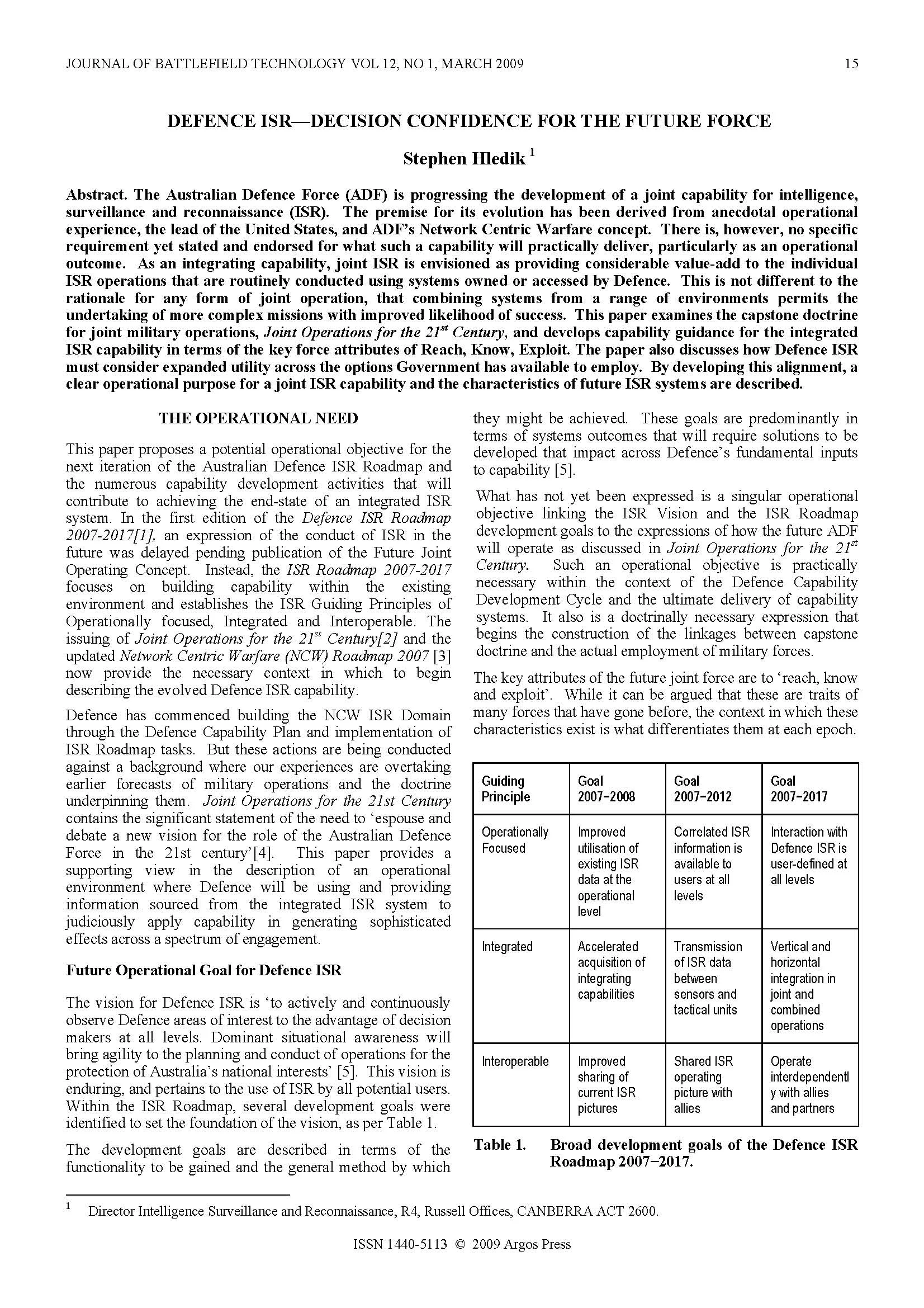 Defence ISR—Decision Confidence for the Future Force