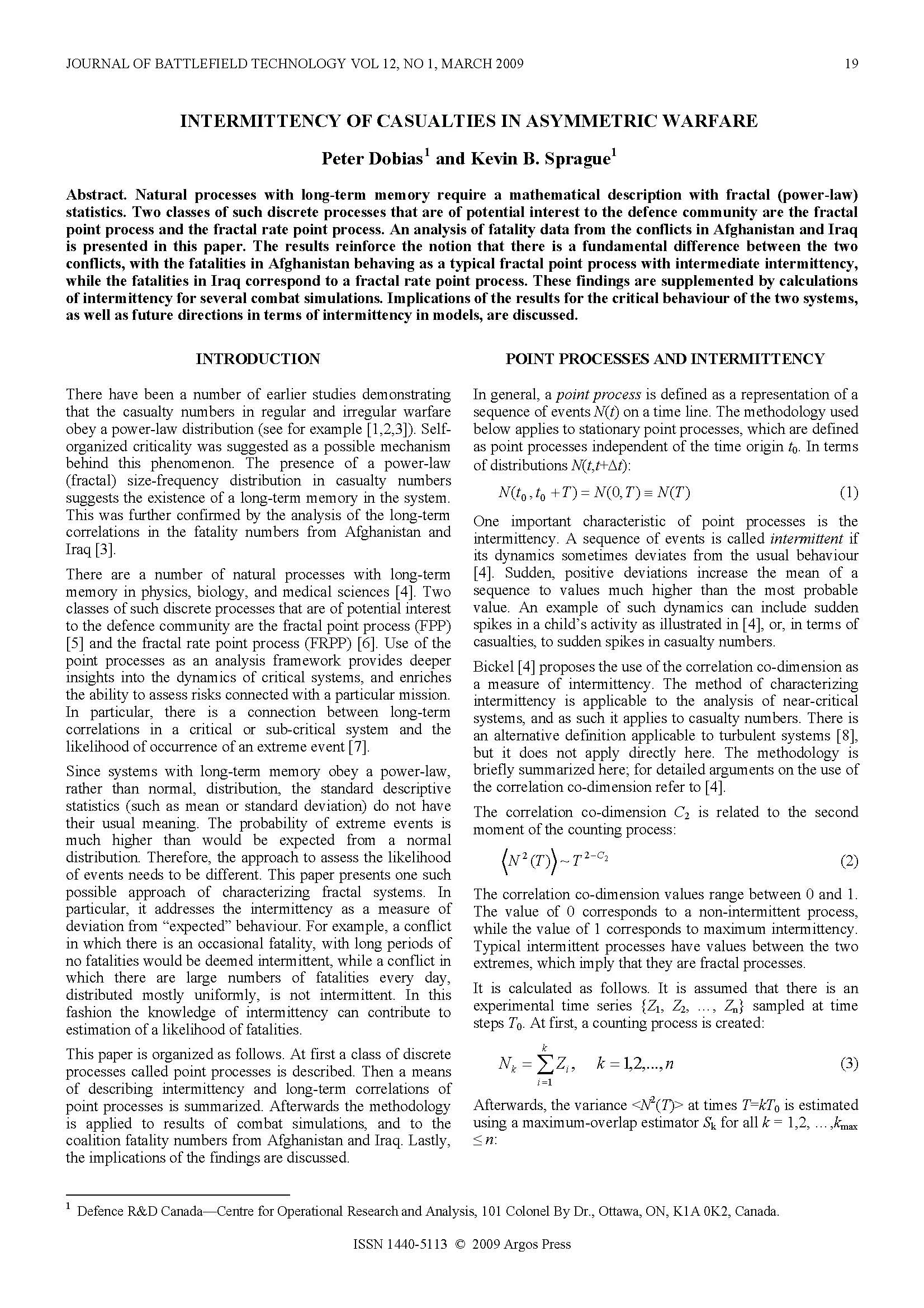 Intermittency of Casualties in Asymmetric Warfare