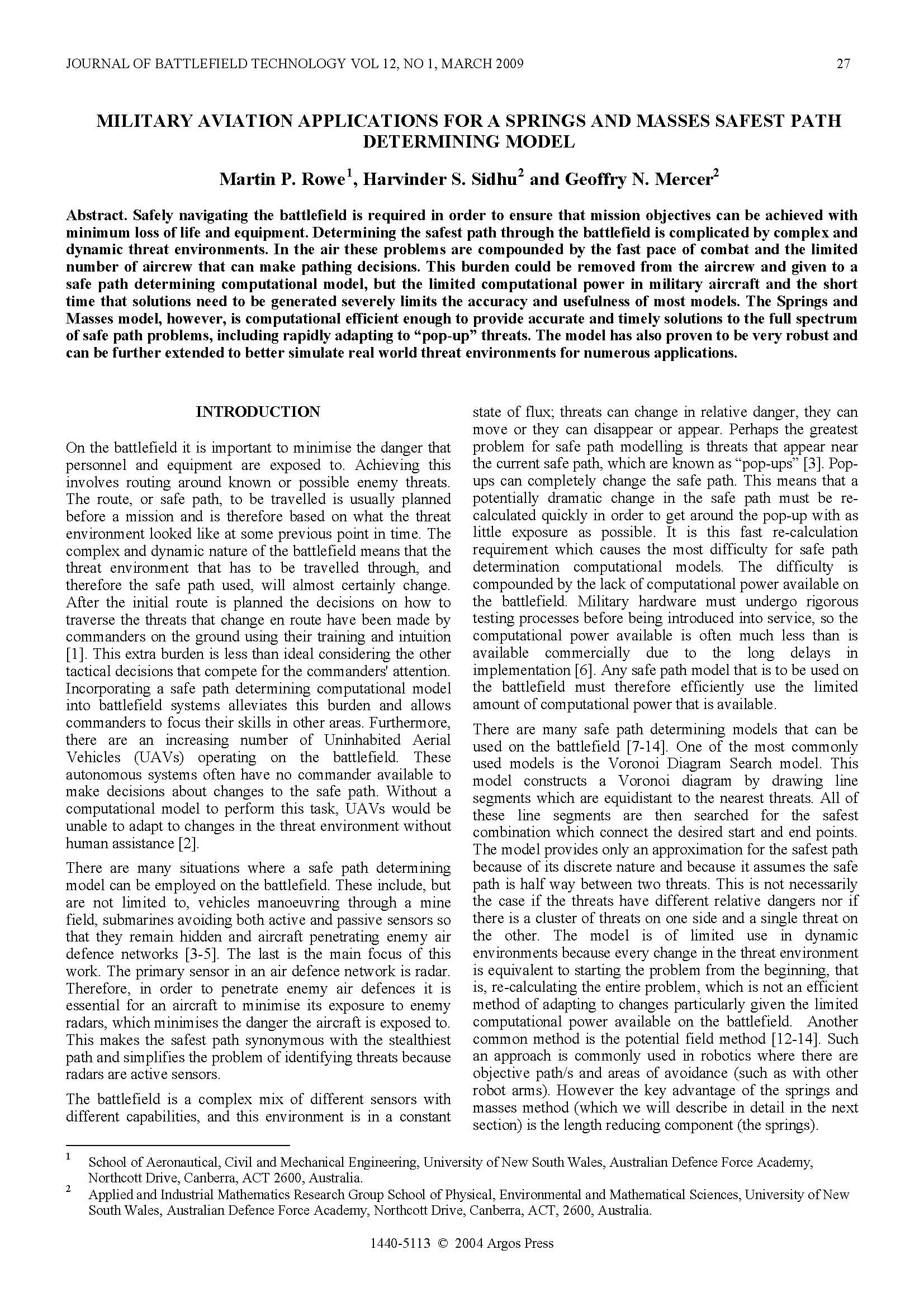 Military Aviation Applications for a Springs and Masses Safest Path Determining Model