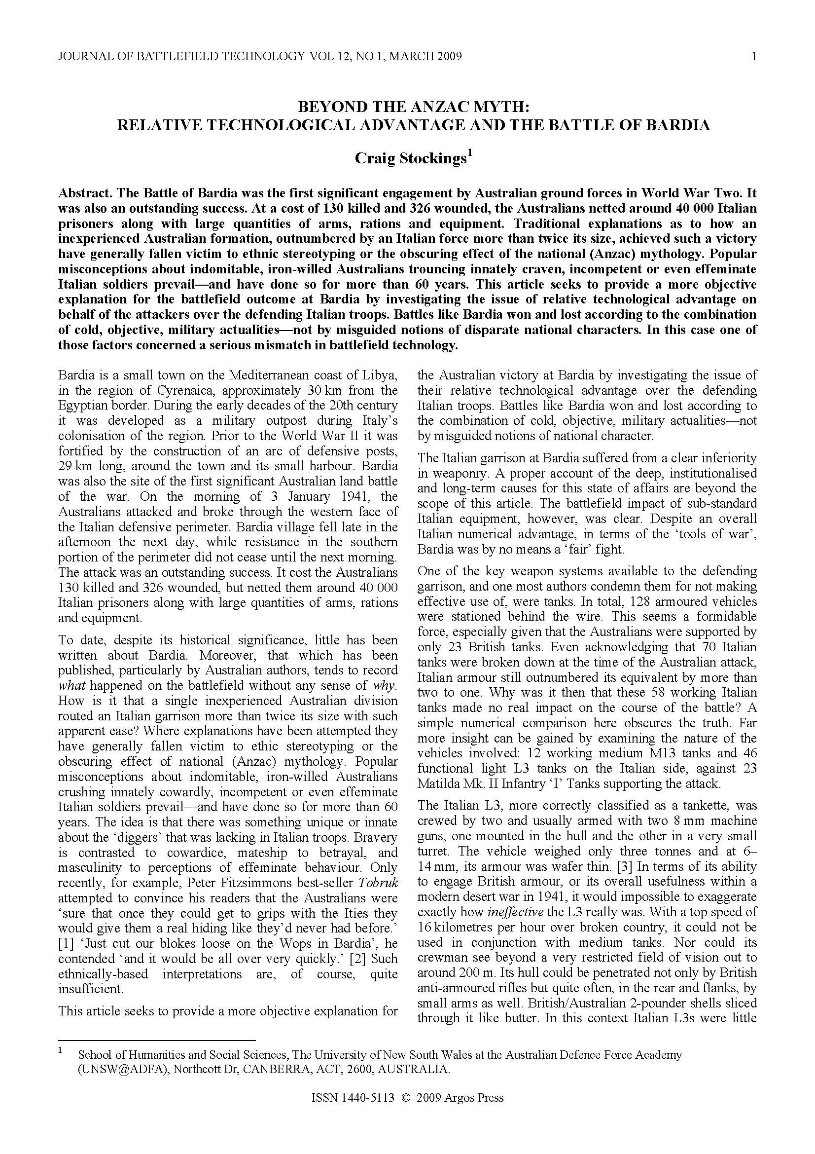 Beyond the ANZAC Myth: Relative Technological Advantage and the Battle Of Bardia