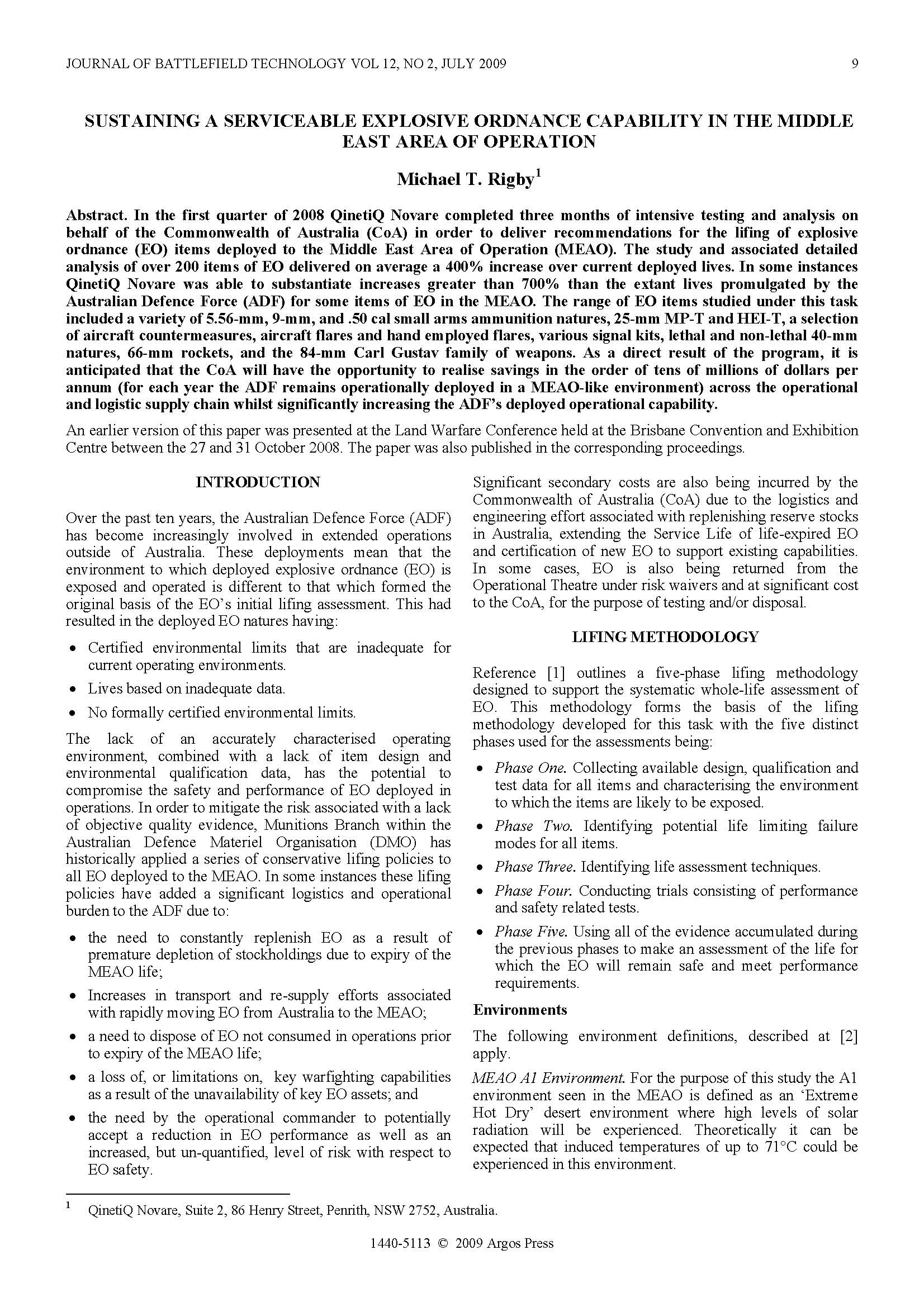 Maintaining a Serviceable Explosive Ordnance Capability in the Middle East Area of Operation