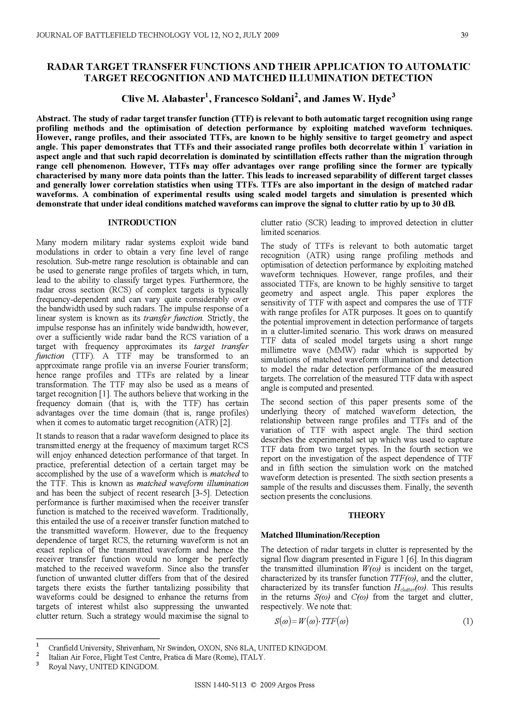 Radar Target Transfer Functions and Their Application to Automatic Target Recognition and Matched Illumination Detection