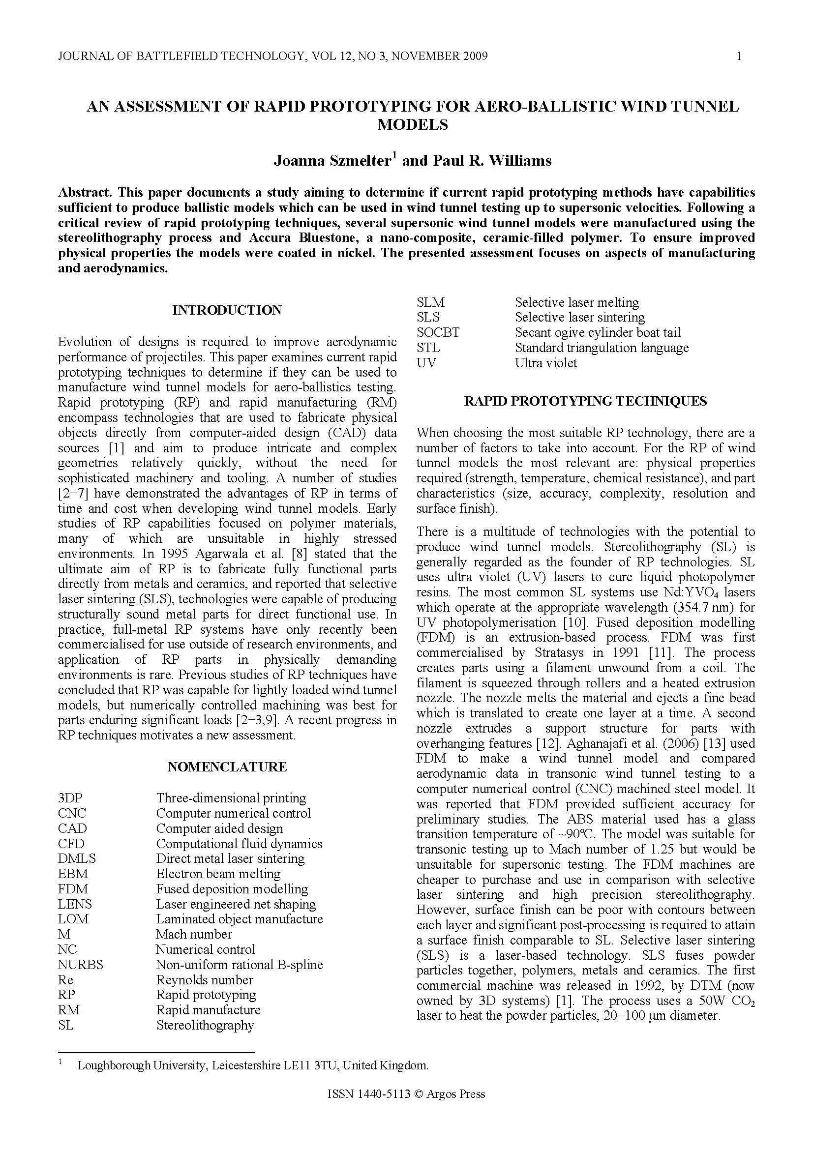 An Assessment of Rapid Prototyping for Aero-Ballistic Wind Tunnel Models
